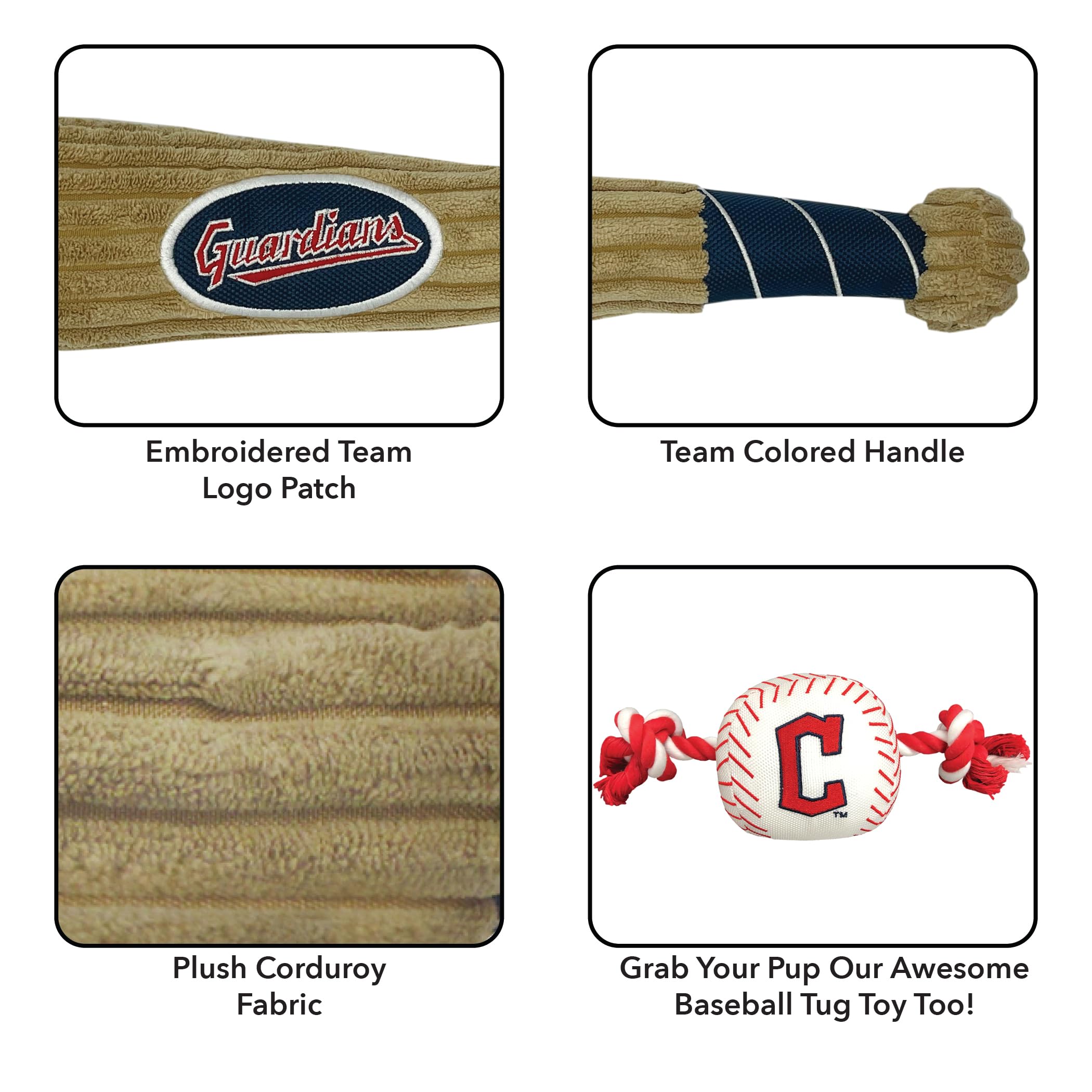 Mlb Cleveland Guardians Baseball Bat Toy For Dogs & Cats. Soft Corduroy Plush Dog Toy With Inner Squeaker, Mlb Chew Toys For Dog