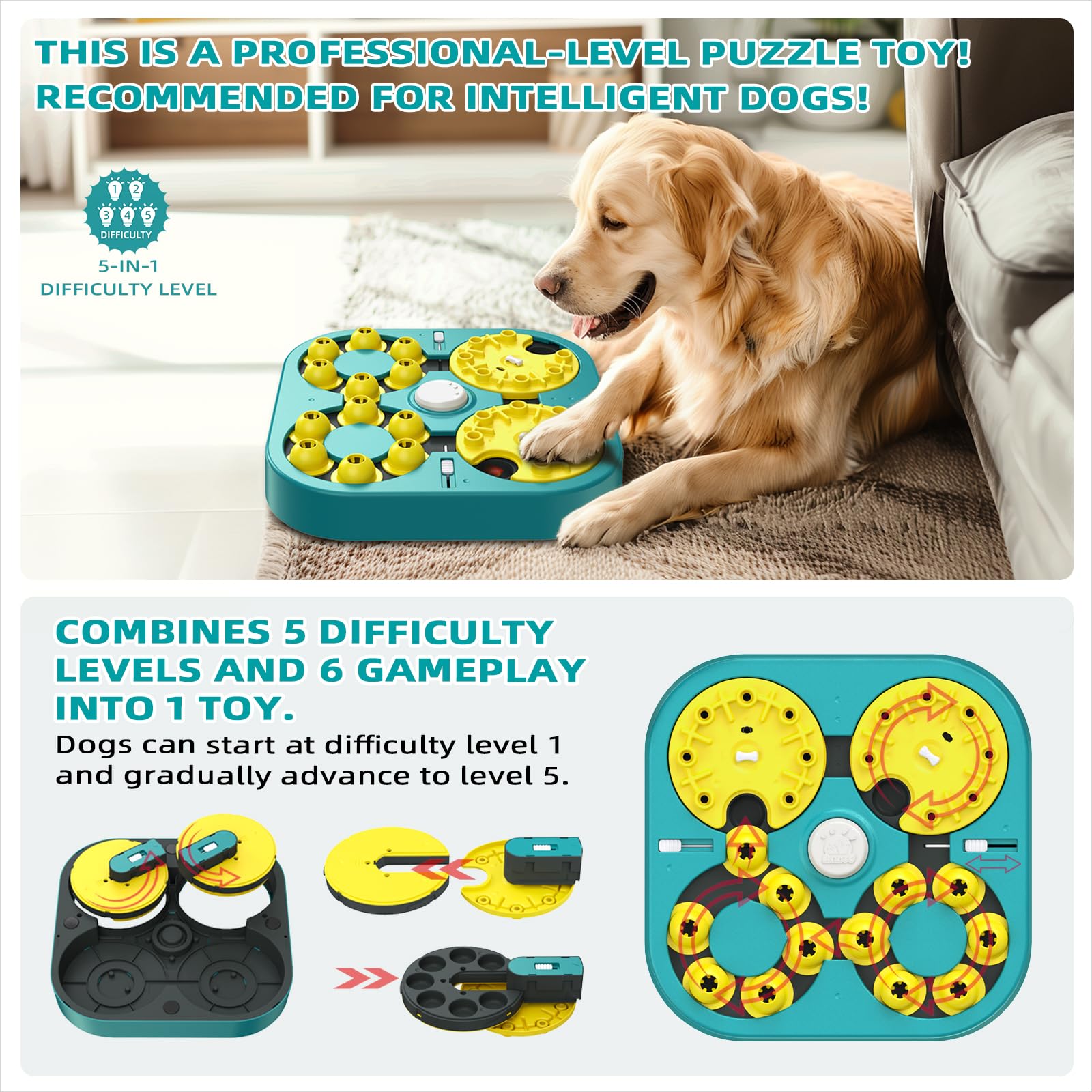 KADTC U.S. Brand & Design -5 Levels of Challenge -6 Ways to Play - Large Size Advanced Dog Puzzle Toy for Small/Medium/Large Sma