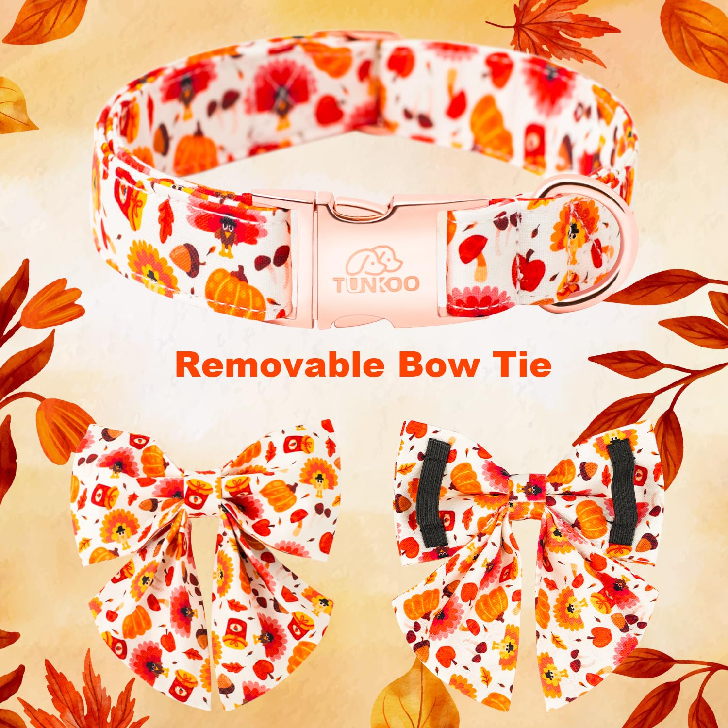 Tunkoo Dog Collar With Pretty Bow Tie Pumpkin And Turkey Pattern - Durable, Adjustable And Stylish Thanksgiving Pet Collar, Avai