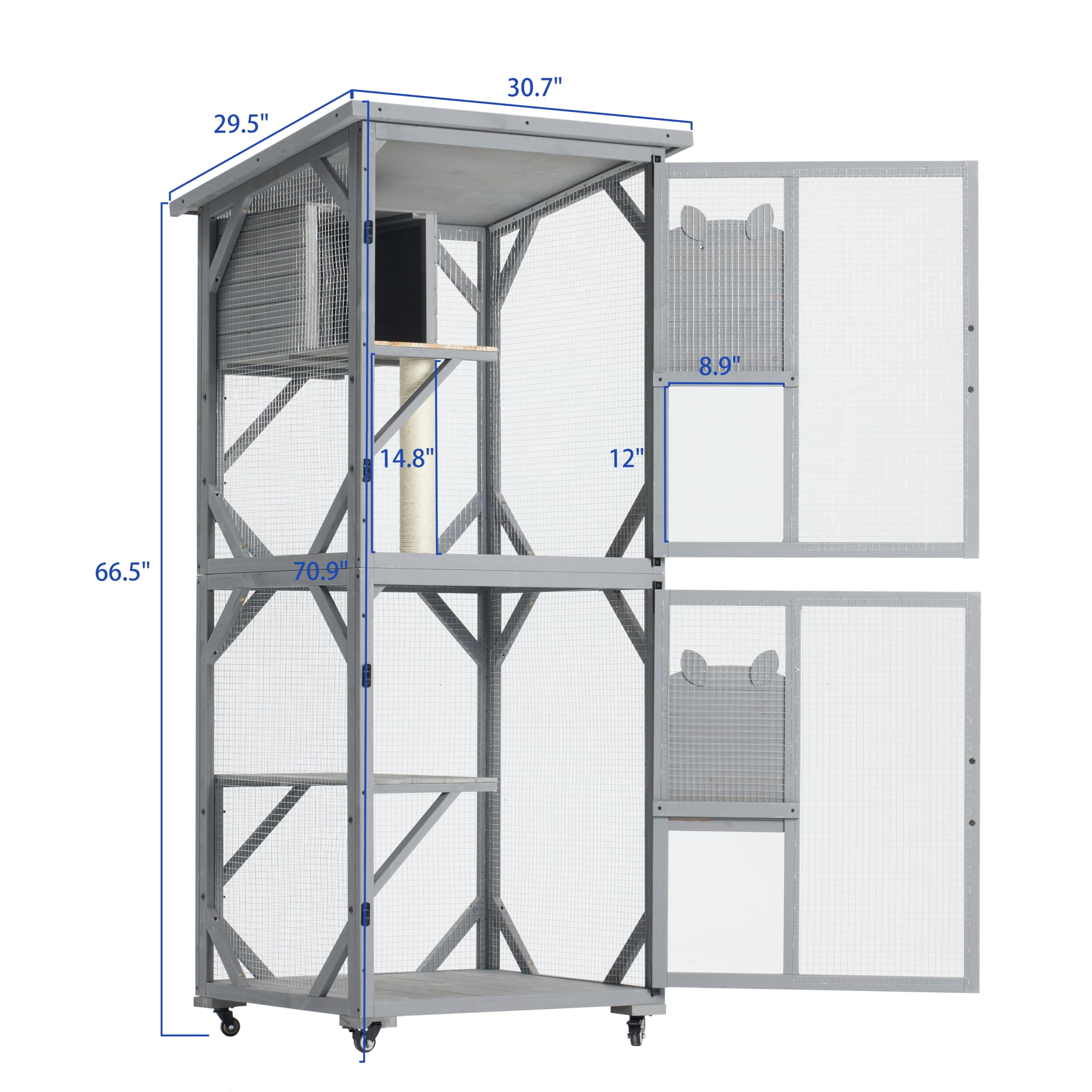 71Inches Large Wood Catio Outdoor Cat Enclosure With P6 Jumping Platforms & 2 Napping Houses, Cat House Indoor With Waterproof R