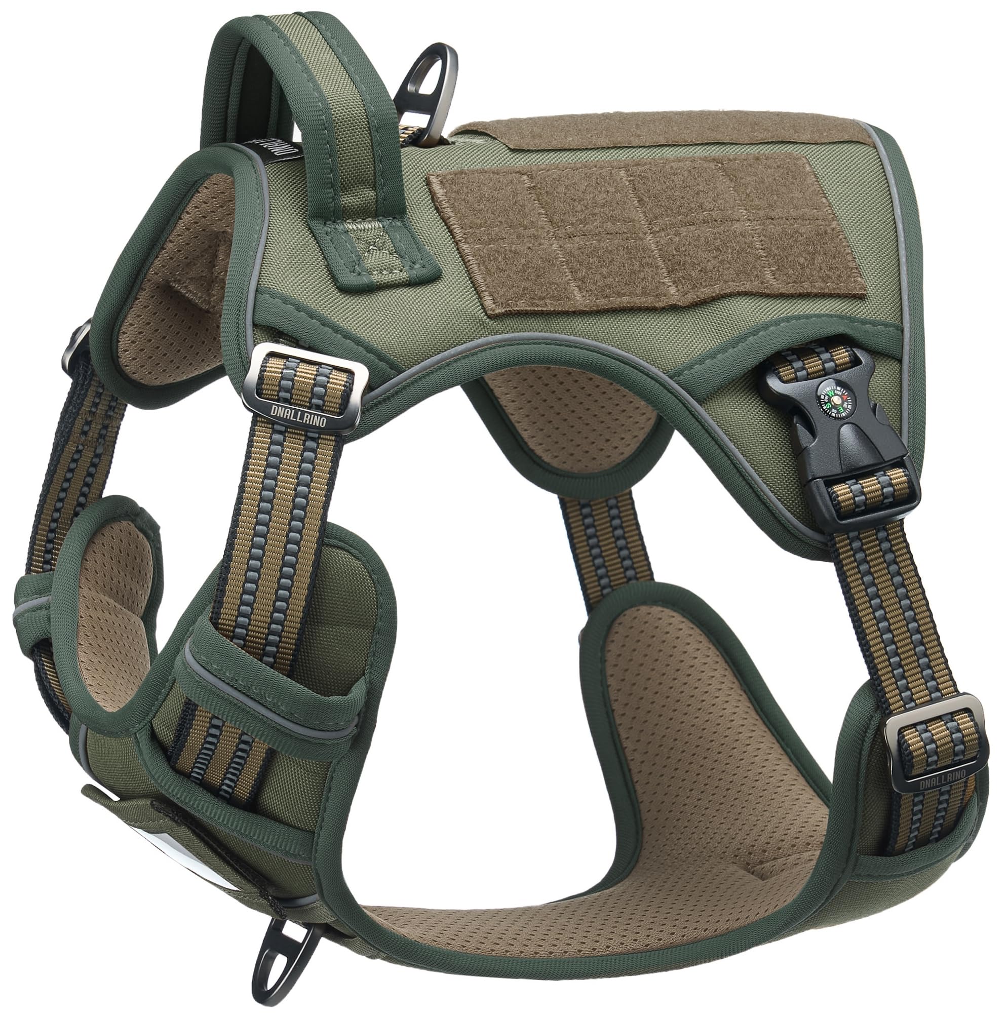 Dnallrino Tactical Dog Harness For Medium Large Dogs, Green Dog Harness With Id Card, Reflective Hiking Harness For Training Eas