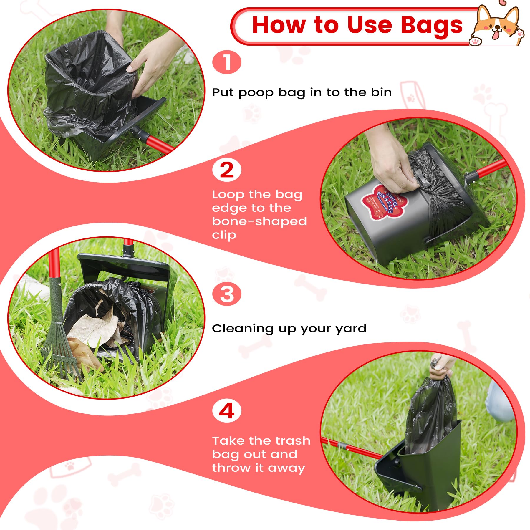 Ormalla Pooper Scooper Swivel Bin and Rake with 60 Waste Bags, Heavy Duty Dog Poop Scooper for Large Medium Small Dogs, Long Sta