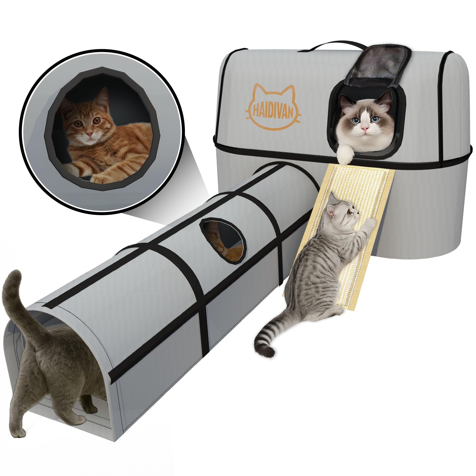 HAIDIVAN Pet 4-in-1 Cat Tunnel, Carrier, House & Scratcher - Detachable and Combinable - Indoor Beds, Outdoor Use, Cat Toys & Fu