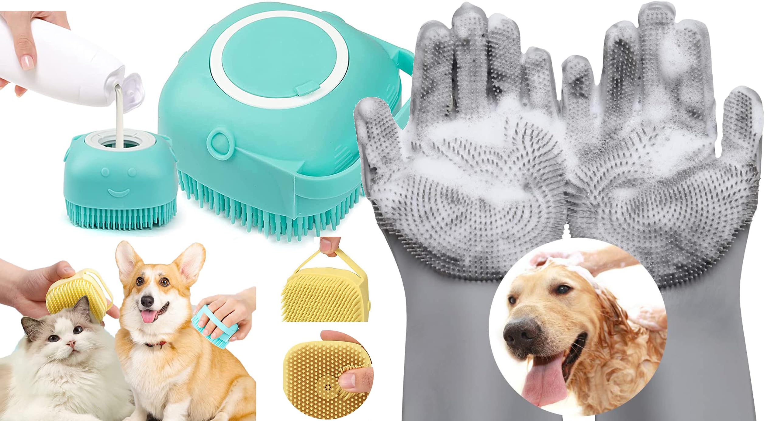 Deriz 1 Pair Of Silicon Dog Bathing Hand Gloves + Pet Dog Bath Brush Soft Silicone Dog Shampoo Brush, Brush Hair Fur Grooming Cl