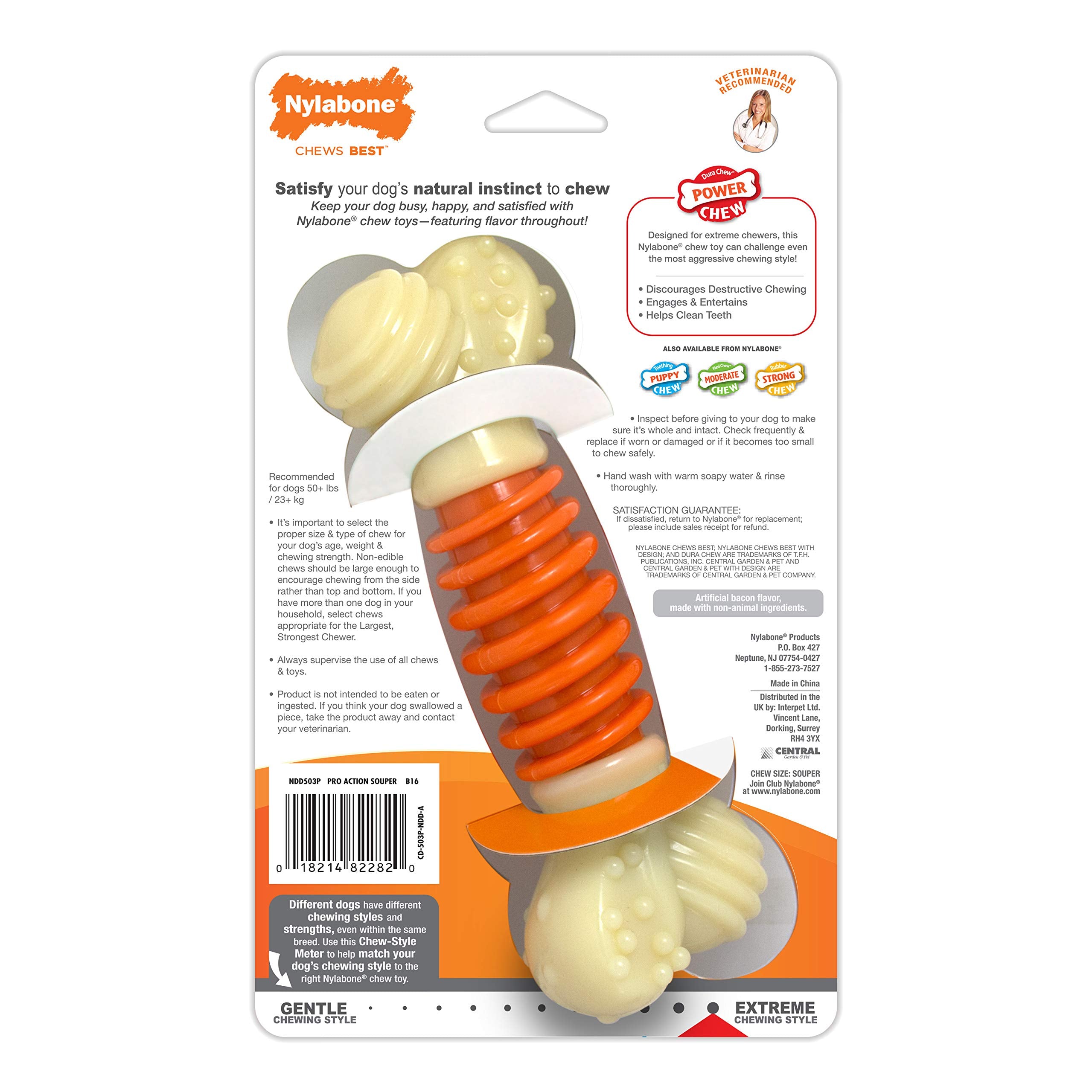 Nylabone Pro Action Dental Bone Power Chew Toy For Dogs, Dog Toys For Aggressive Chewers, Bacon Flavor, Large - Up To 50 Lbs, 1 Count