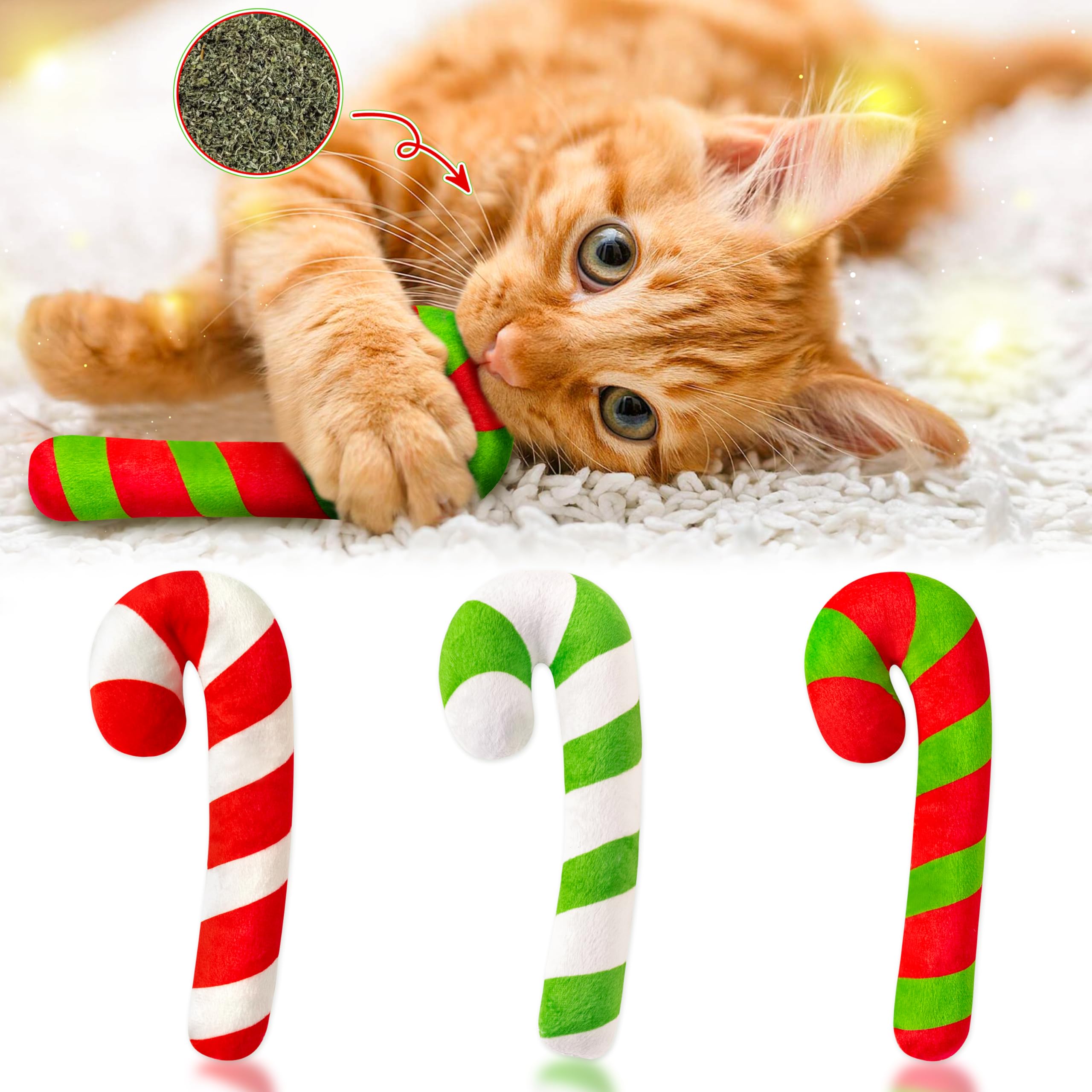 Mallmall6 3Pcs Christmas Candy Cane Catnip Toys Gift For Cat, Indoor Cat Chew Bite Kick Catmint Pet Toys Supplies For Cat Lover 