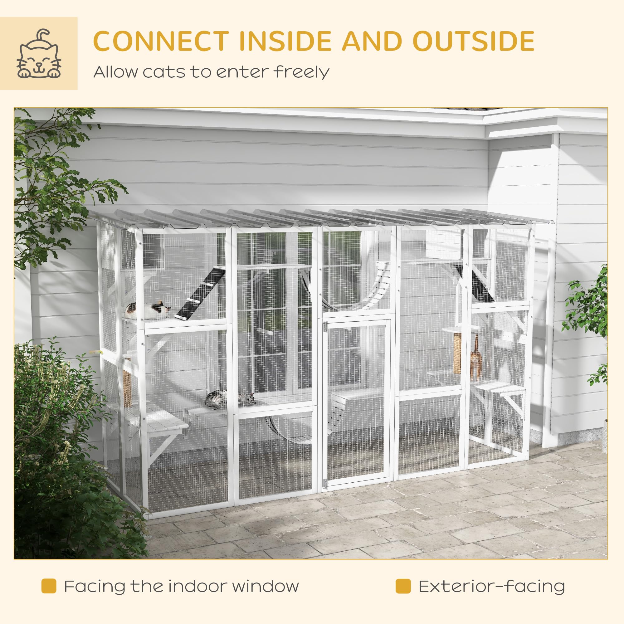 Pawhut Catio Playground Cat Window Box Outside Enclosure, Outdoor Cat House With Weather Protection Roof For Multiple Kitties, Wooden Frame, Shelves & Bridges, 118' X 37.5' X 74', White
