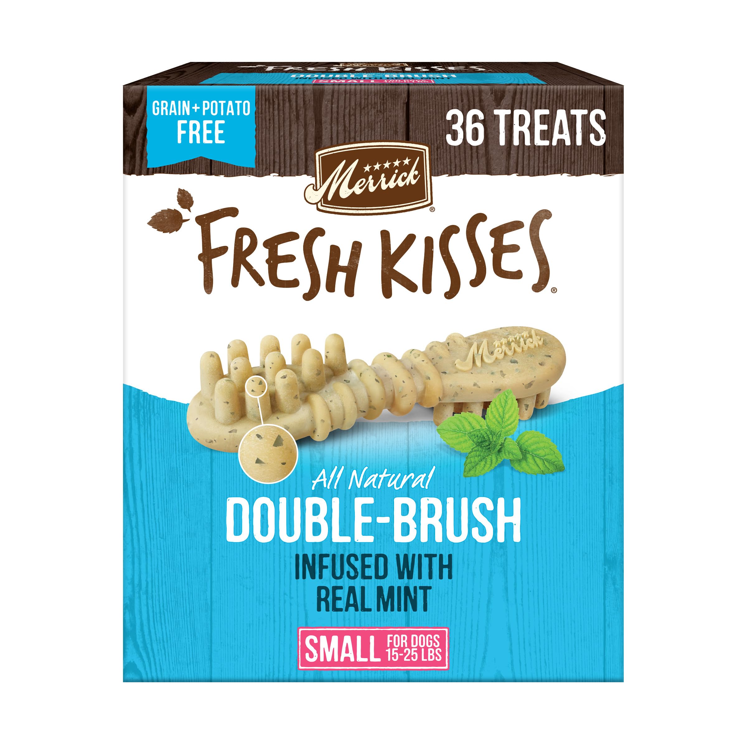 Merrick Fresh Kisses Natural Dental Chews, Toothbrush Treat Shape Infused With Real Mint, Small Dogs 15-25 Lbs - 36 ct. Box