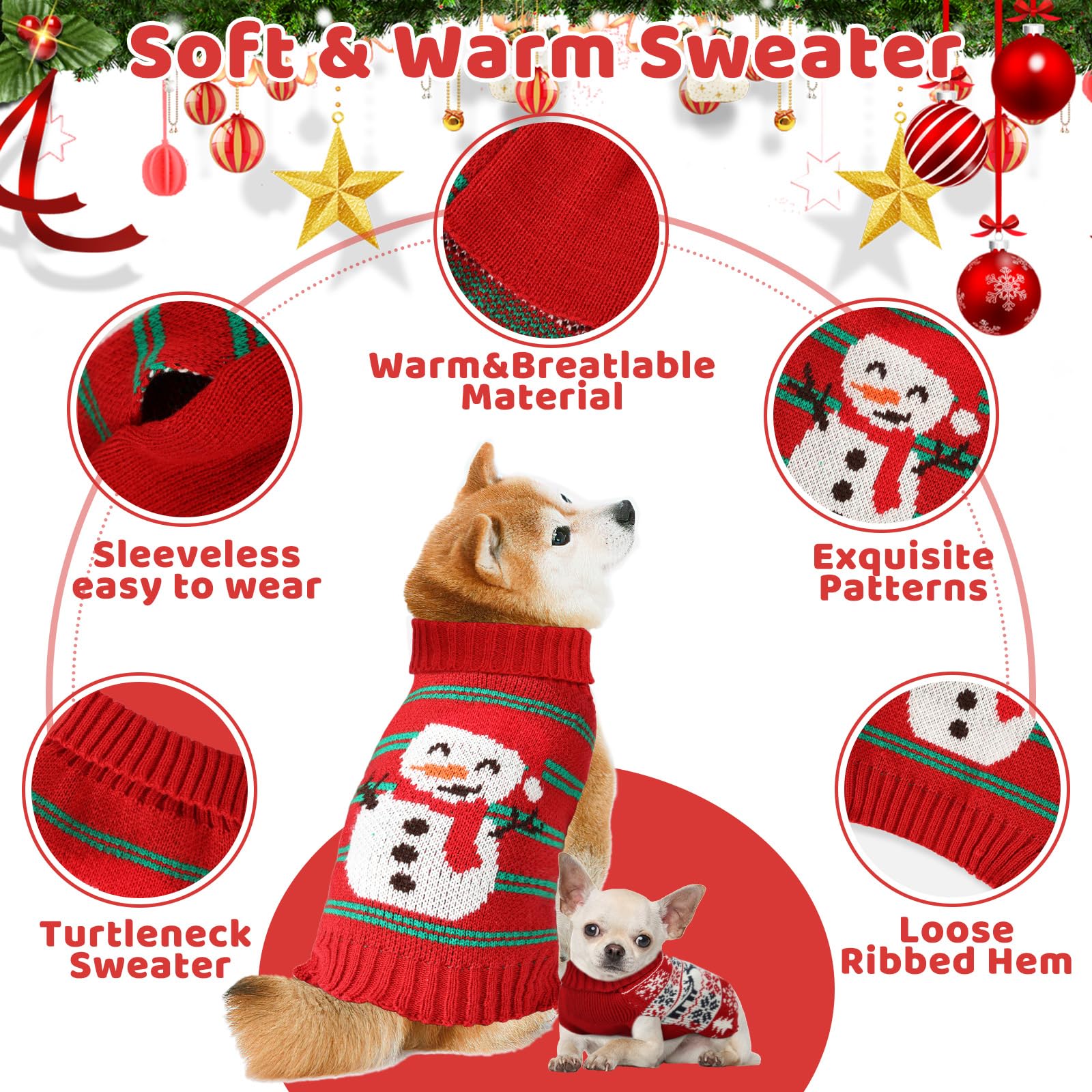 Christmas Sweaters For Small, Medium & Large Dogs - Soft, Warm Dog Clothes For Outdoors, Turtleneck, Double Knitting Collar, Sno