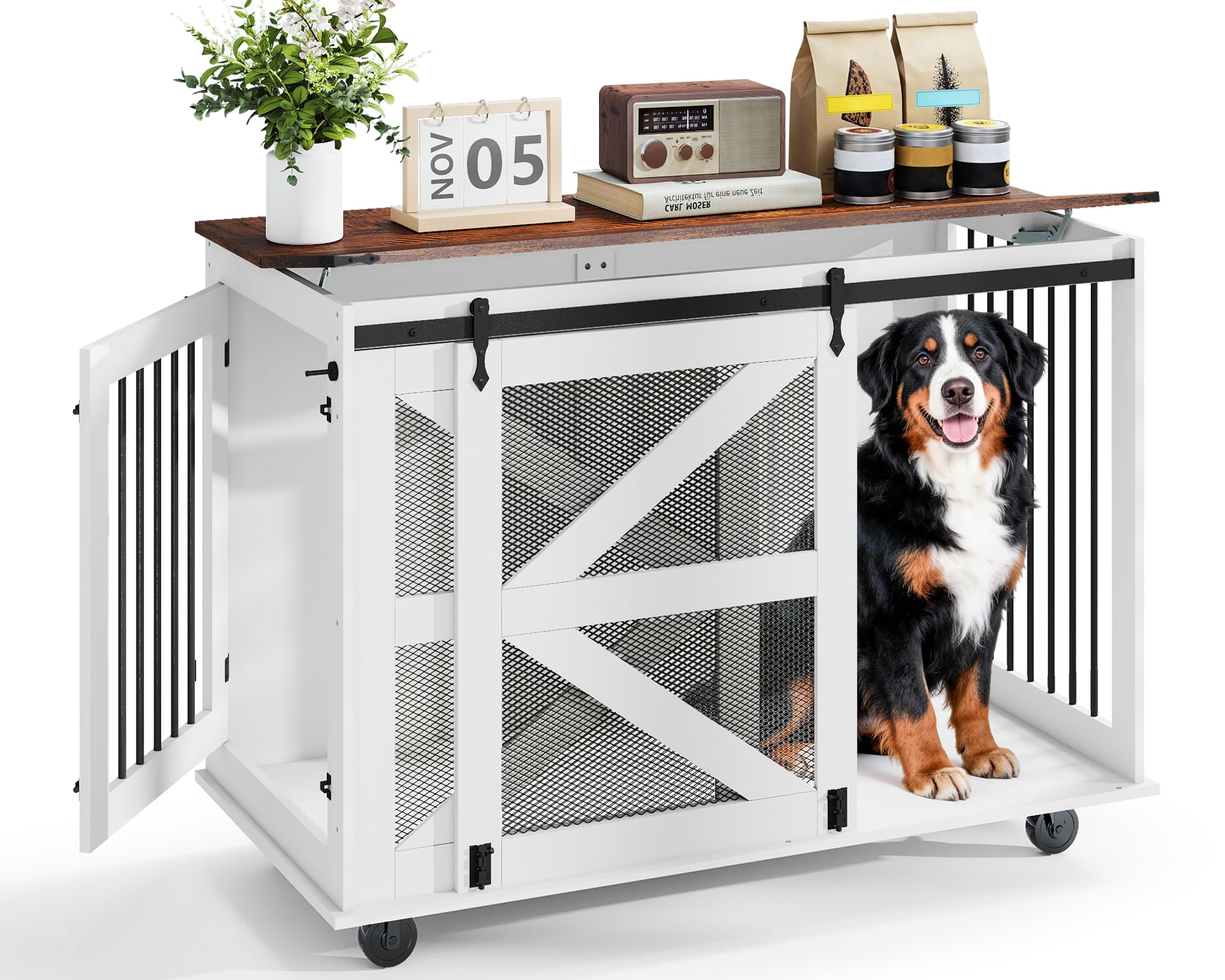 Yafylly 48 Inch XL Dog Crate, Wood XXL Dog Crate Furniture with Wheels, Flip-Top Feeding Door, Removable Divider, Farmhouse End 