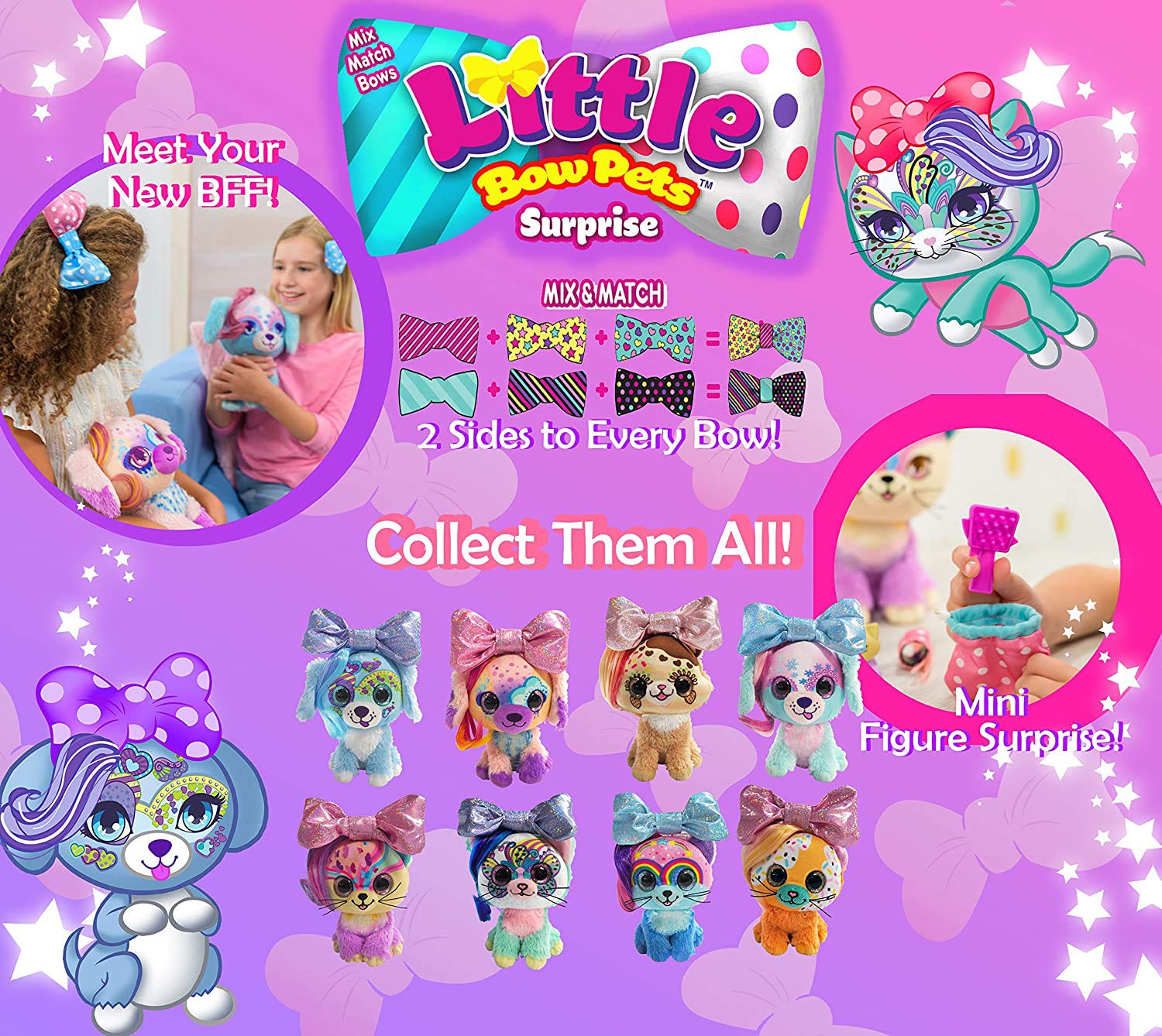 Little Bow Pets Stuffed Animals - Large Soft Fluffy Plush Blue Puppy Dog Heart Bow Pet With Purple Sparkle Surprise Bow - 2 Surprise Toys Inside Bow