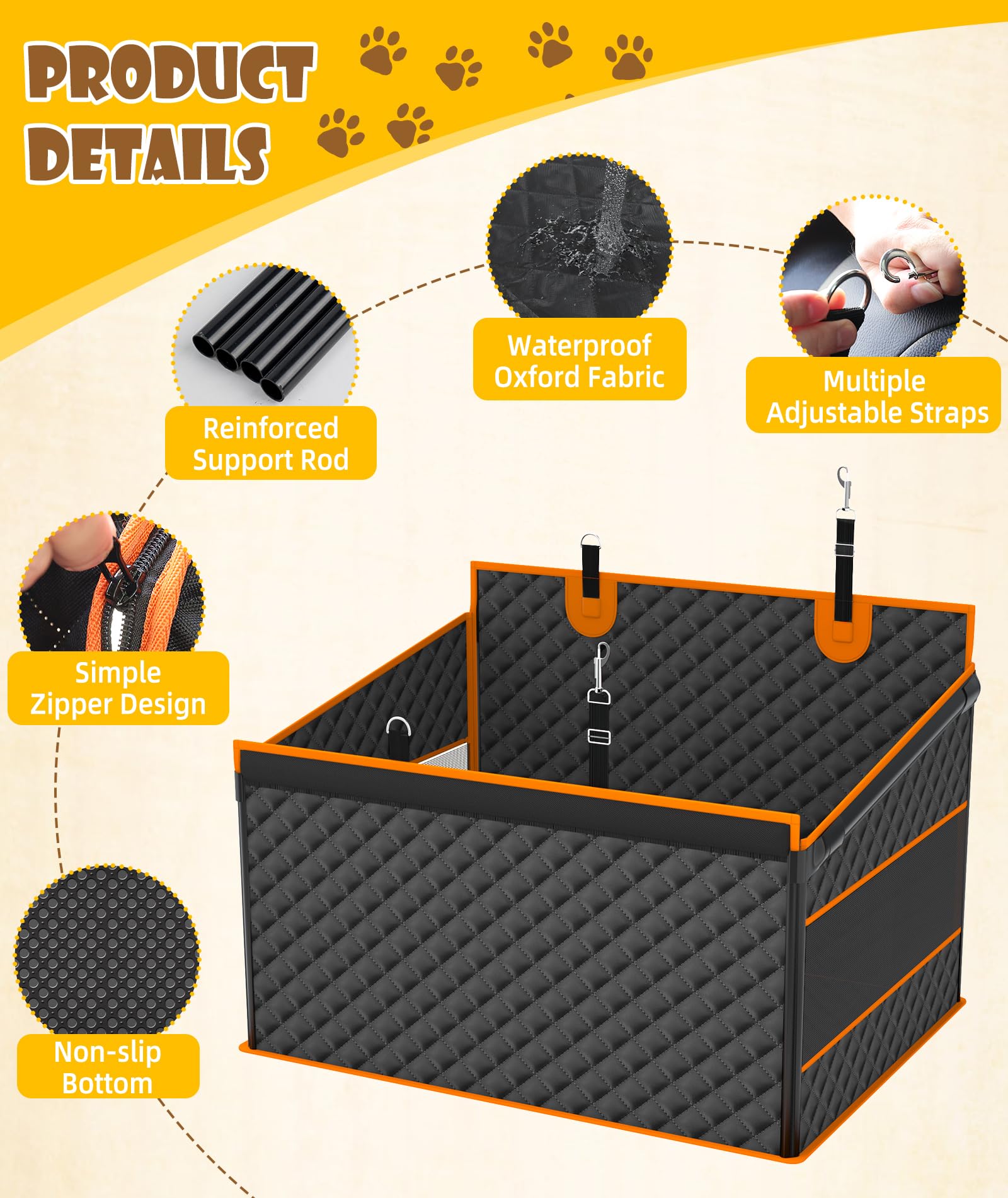 Epn Dog Car Seat For Large Dogs, Foldable Pet Car Seat With Waterproof Oxford Fabric, Non-Slip Bottom, Reinforced Support & Stor