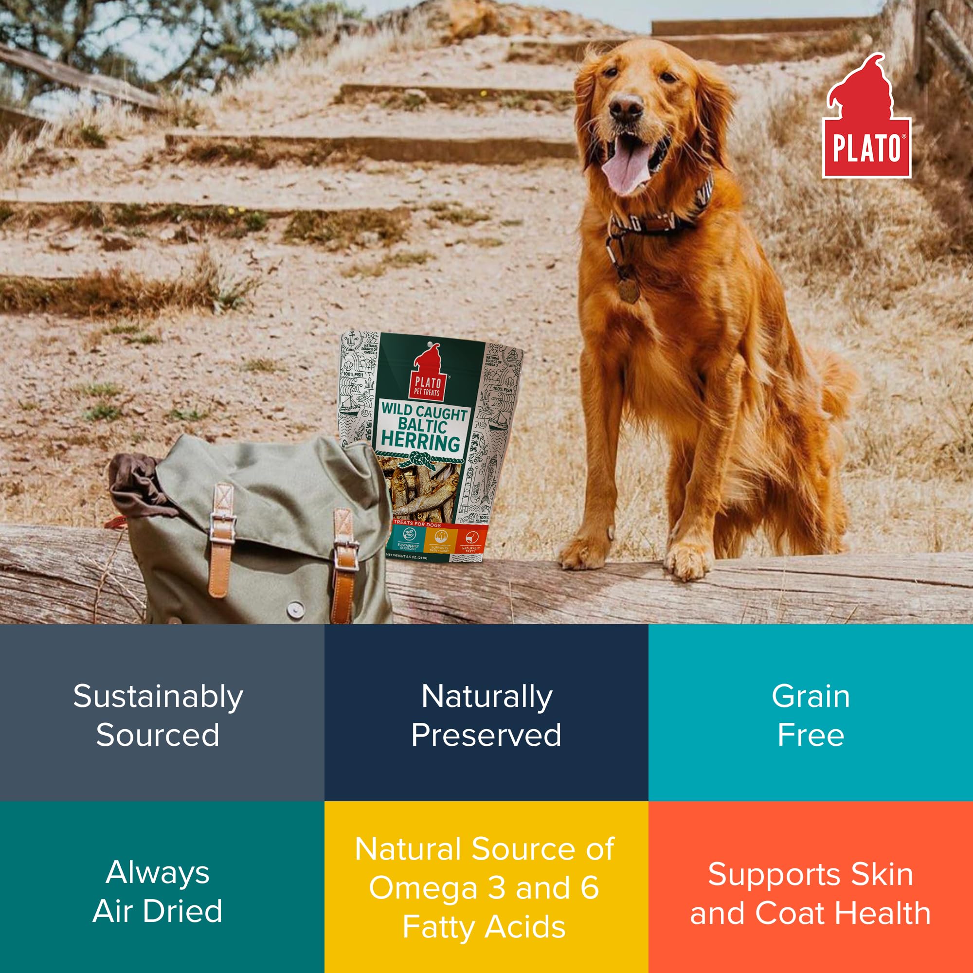 PLATO Pet Treats Fish Dog Treats - Air-Dried, Single Ingredient Dog Treat - with Omega 3 & 6 Fatty Acids to Support Skin and Coa