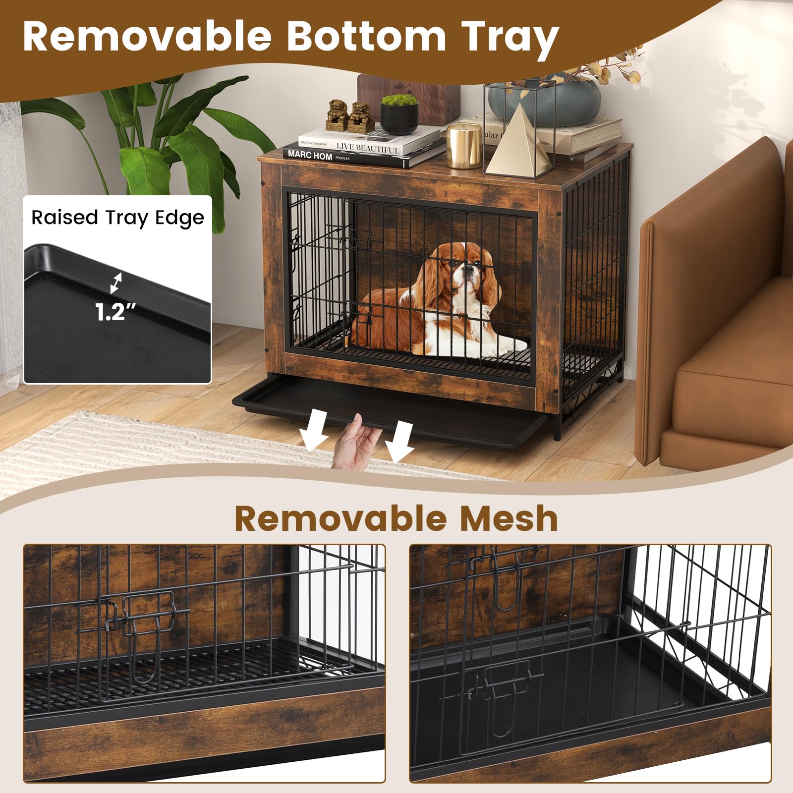 Petsite Industrial Dog Crate Furniture With Removable Tray, Wooden Dog Crate With Double Doors, Dog Furniture End Table, Dog Ken