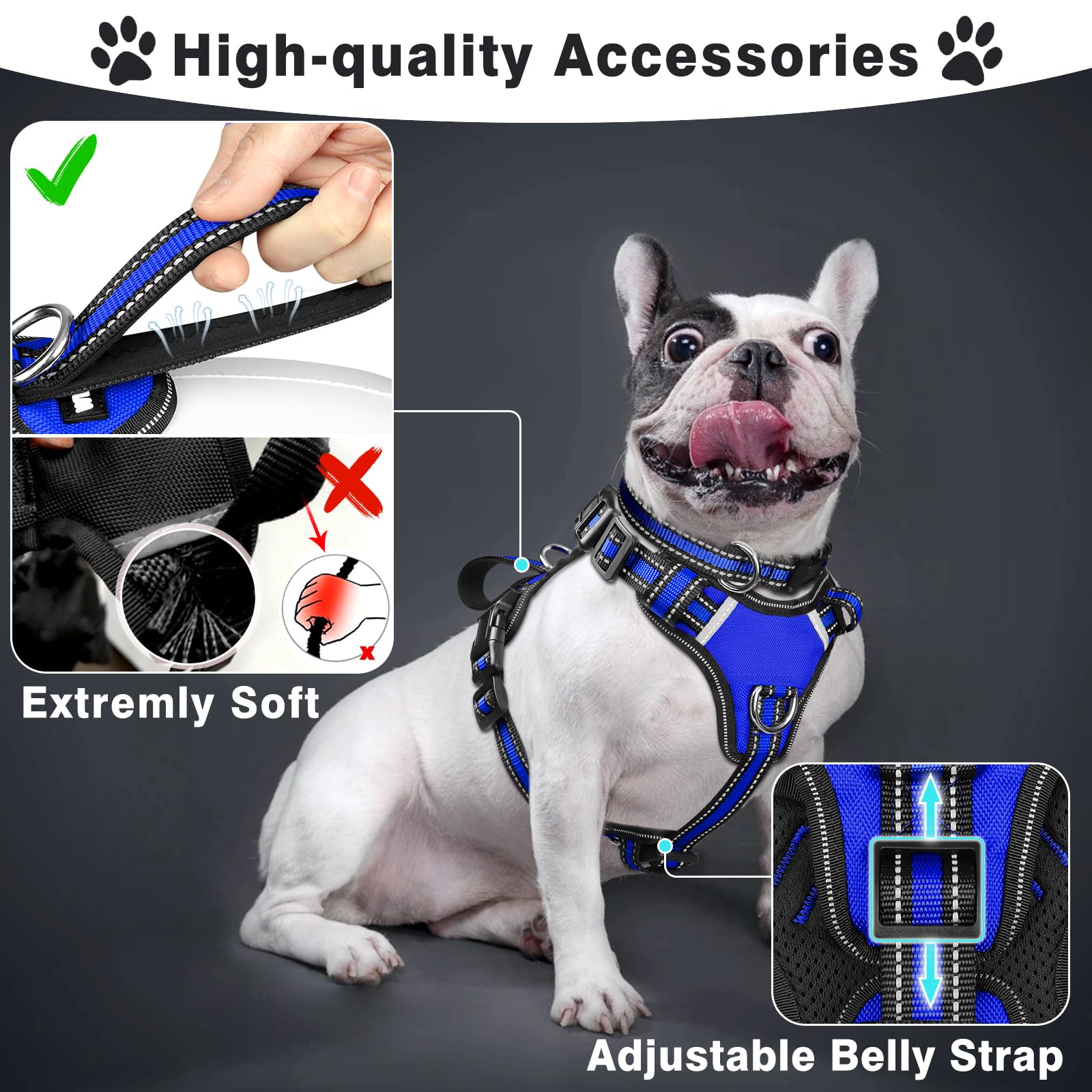Winsee All-In-One Reflective Dog Harness, Collar & Leash Set, No Pull With Adjustable Buckles, X-Large, Dark Blue