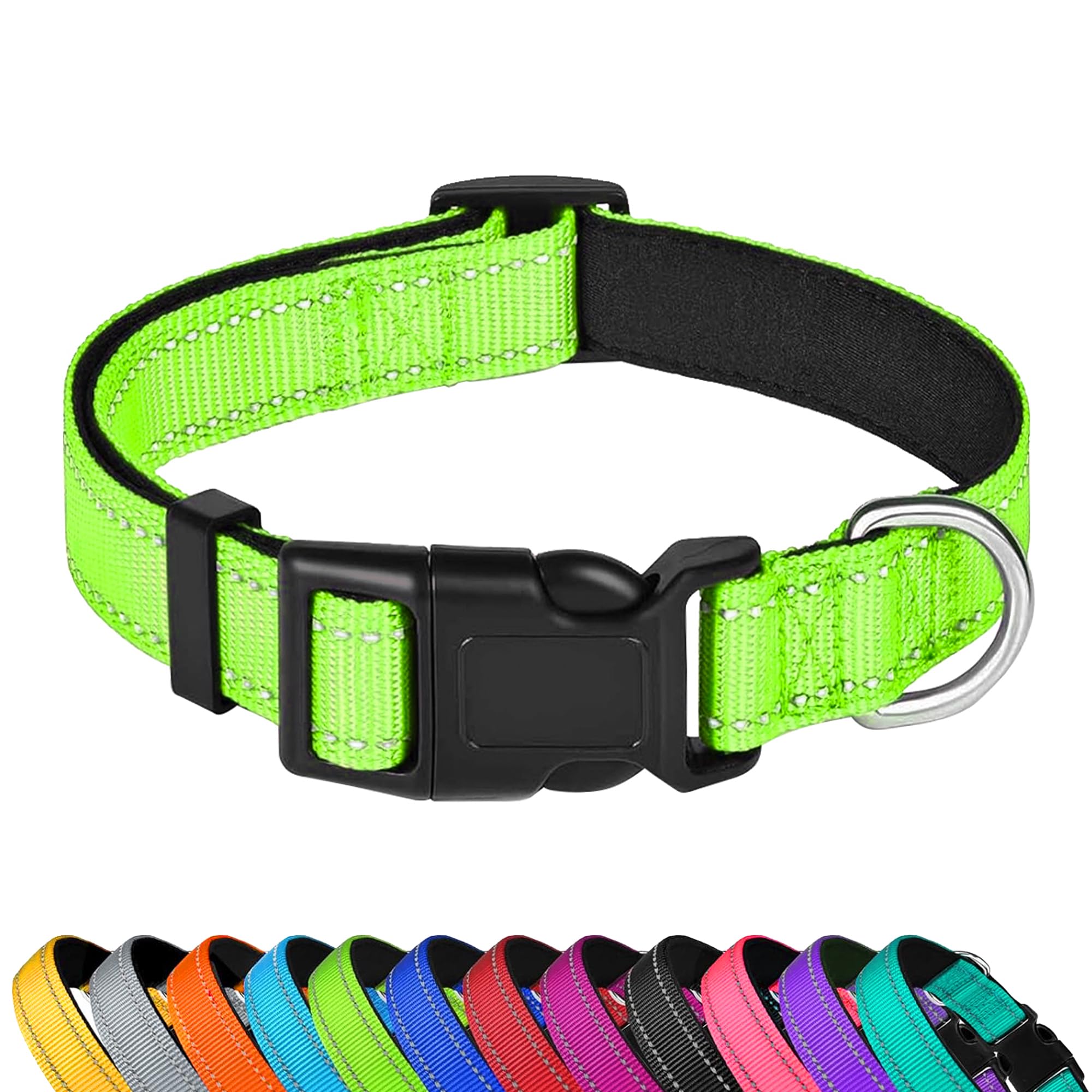 Pwod Reflective Dog Collar, Adjustable Soft Neoprene Padded Nylon Pet Collars With Buckle For Small Dogs, Green,S