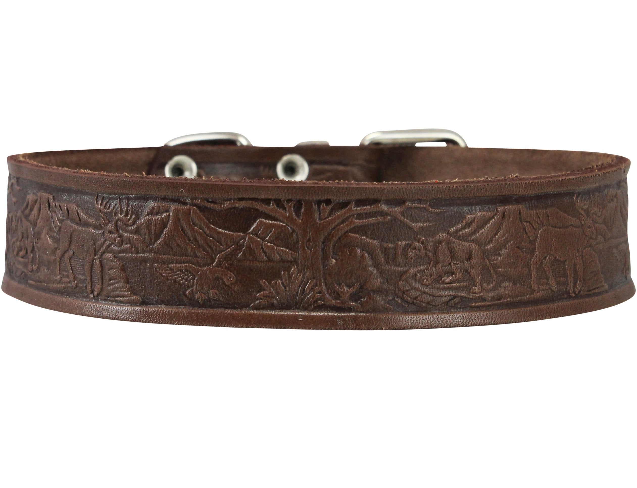 Genuine Tooled Leather Dog Collar Hunting Pattern Brown 3 Sizes (Neck Circumf: 10.5''-14''; 1'' Wide)