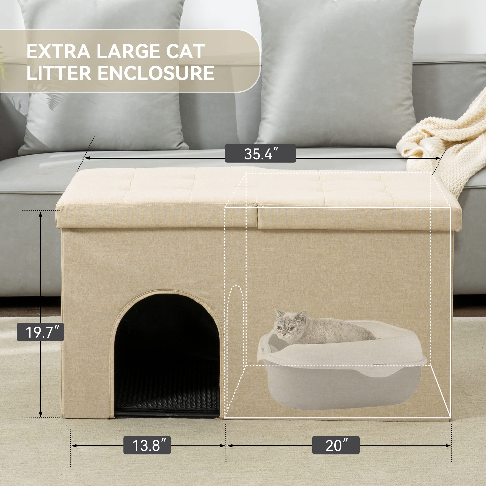 Dr.Futon Cat Litter Box Enclosure Hidden Furniture Ottoman with Lid Dog Proof Cat Litter Box with Litter Mat and Odor Control Fi