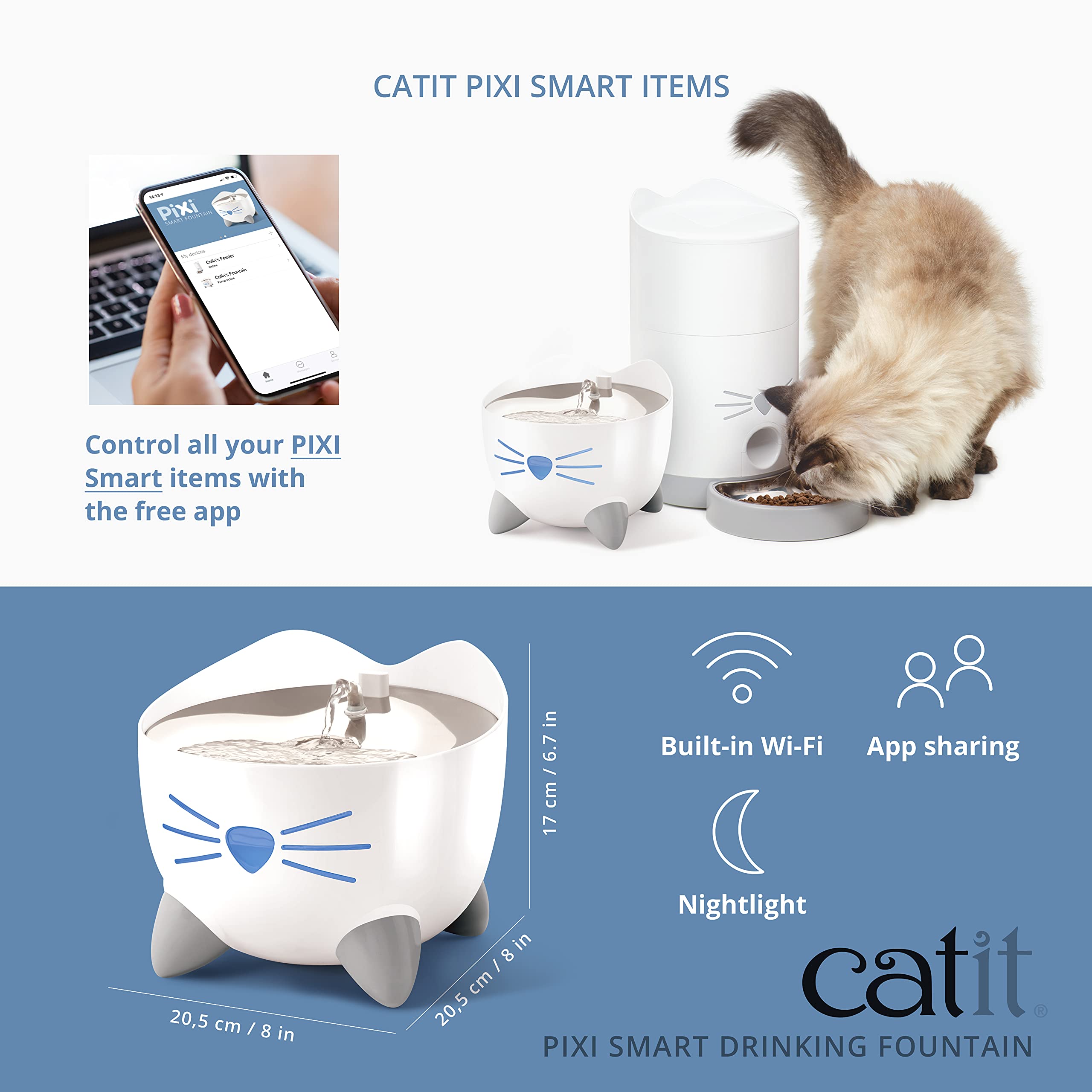 Catit PIXI Smart Water Fountain - Automatic Cat Drinking Fountain with UV-C Clarifier Light and App Support,White