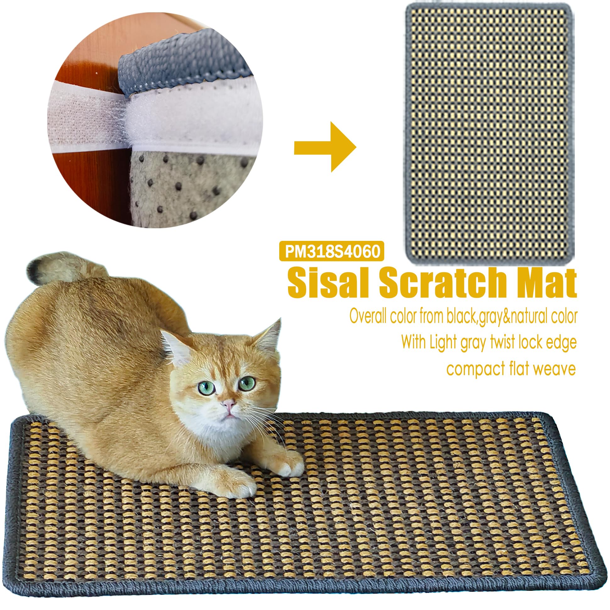 Pethave Cat Scratching Mat,23.6 x 15.7inch Sisal Cat Scratchers for Indoor Cats with hook and loop Tapes,Stick on Floor Wall Cat