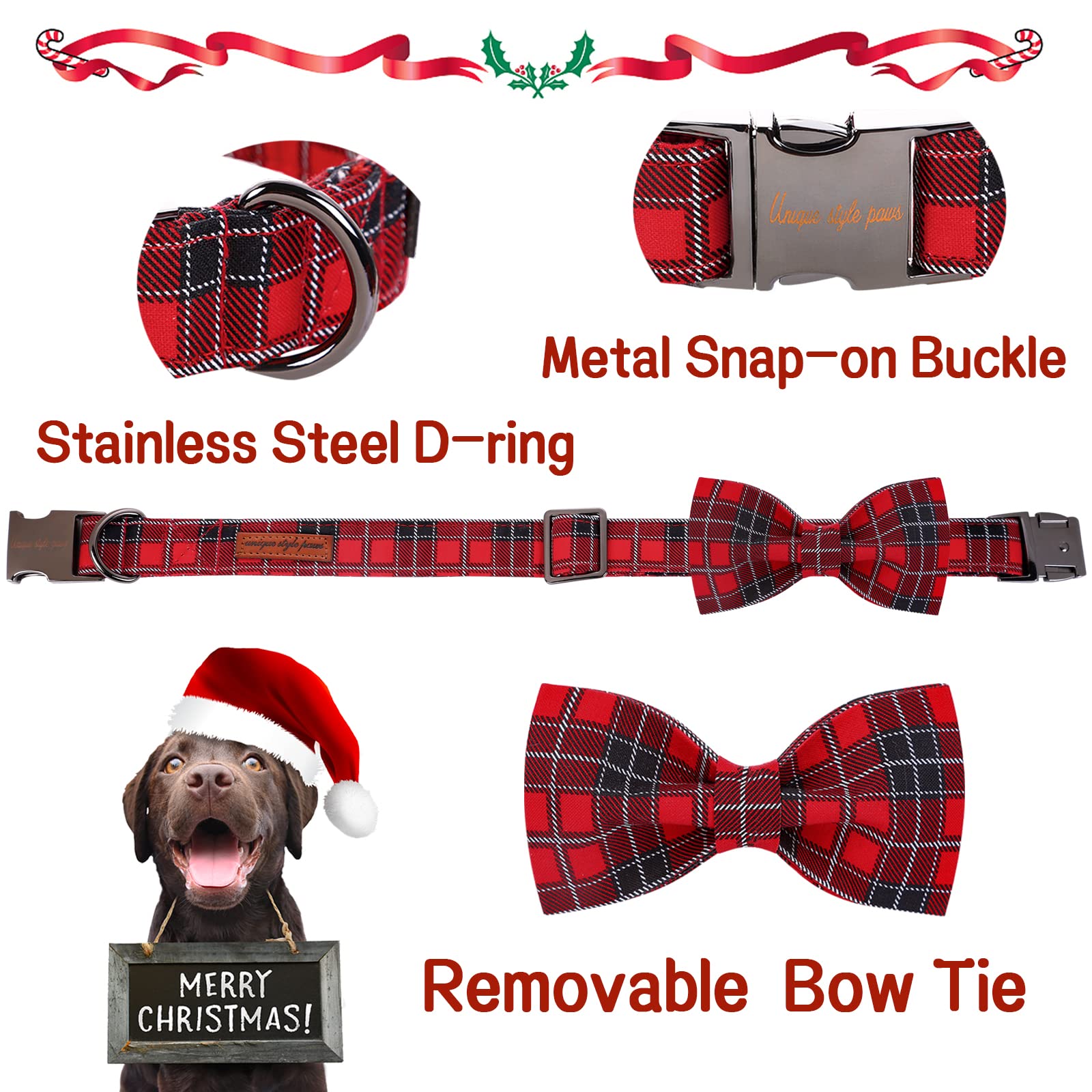Unique Style Paws Christmas Dog Collar With Bow Tie Red Black Grid Cotton Collar Adjustable Puppy Plaid Collar For Small Medium Large Dogs