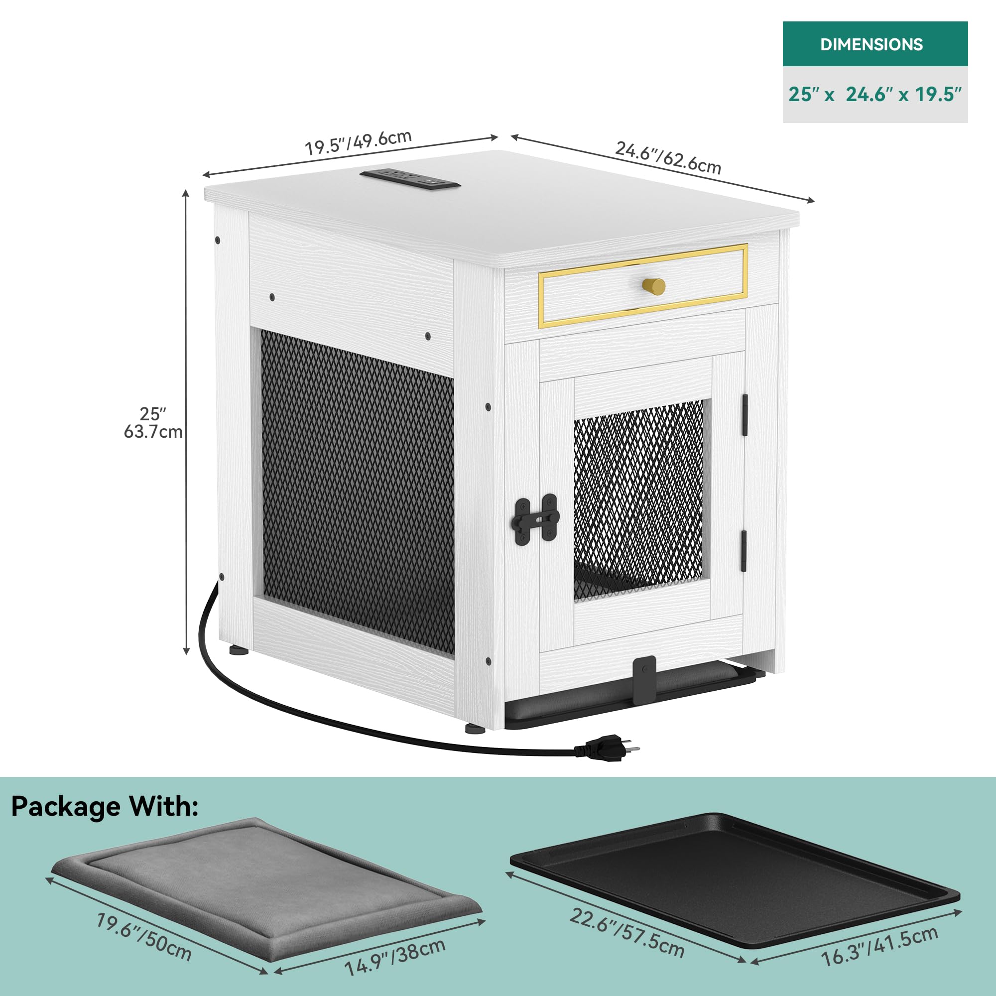 DWVO Dog Kennel Furniture with Dual USB Charger, Dog Crate End Table with Tray, Wooden Dog Crate Furniture with Cushion for Smal