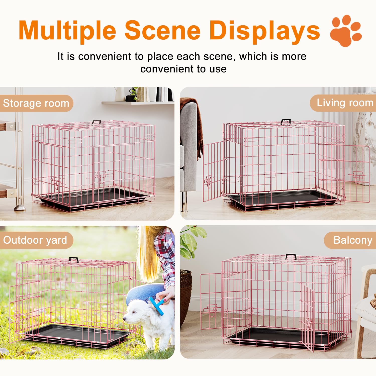 FDW 24inch Dog Crate Pet Cage with Metal Folding Design Plastic Tray Indoor Outdoor Dog Kennel Cage for Small Dogs,Pink