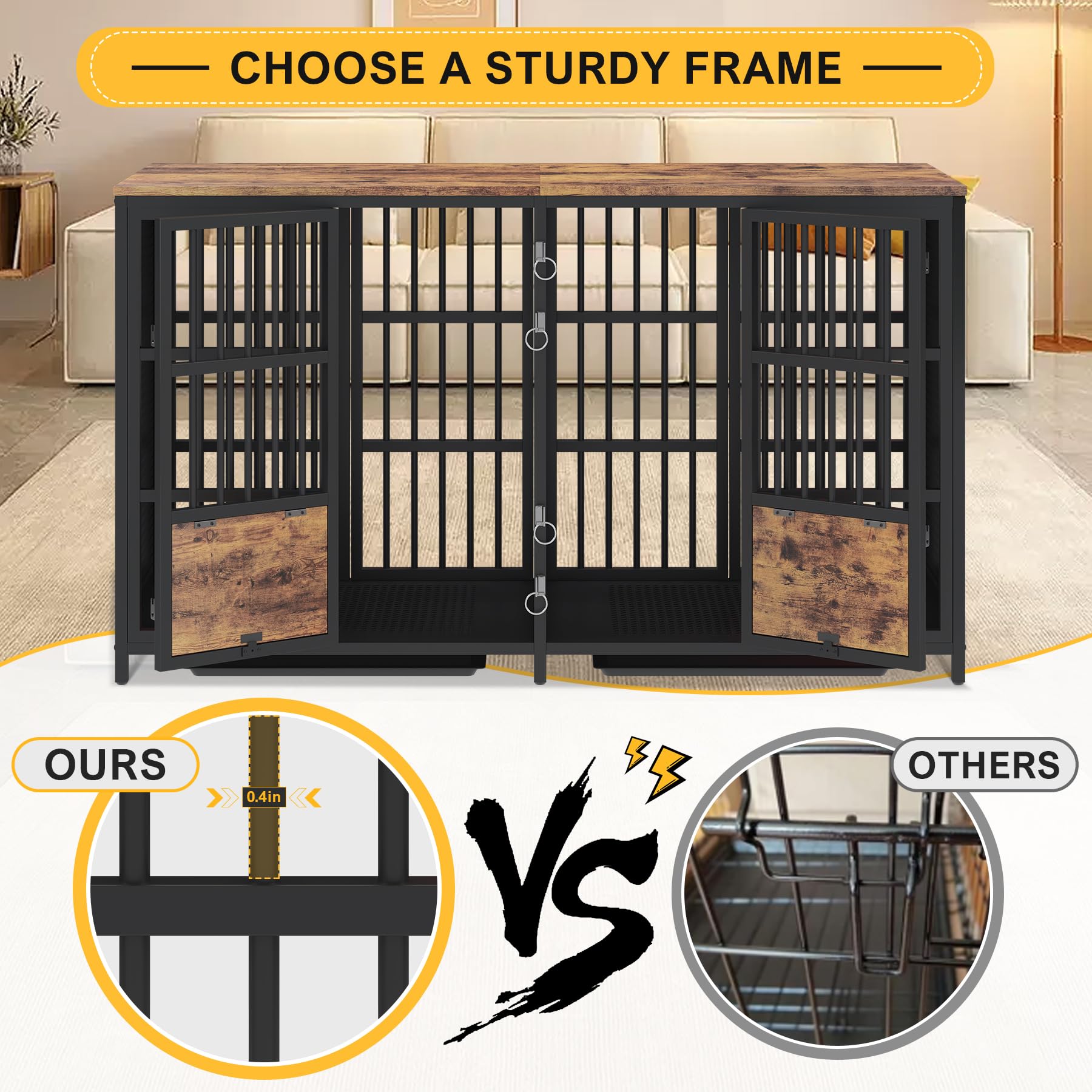 Boinn Large Dog Crate Furniture, 63 Inch Heavy Duty Double Dog Crate With Removable Divider, Extra Large Dog Kennel Furniture Tv