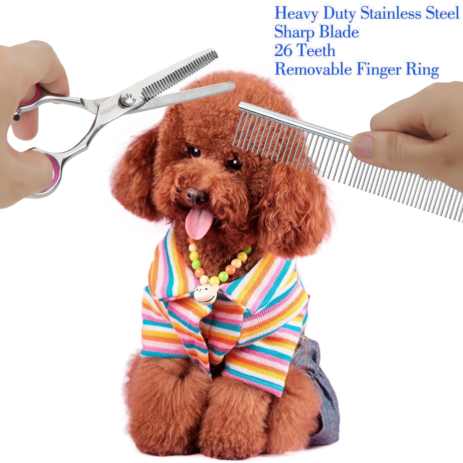 Gemek Pet Cat Dog Grooming Scissors Set 4 Pieces Stainless Steel Professional Pet Trimmer Kit - 7.5 Inch Straight Cutting Scissors, Thinning Shears, Curved Scissors, Grooming Combs