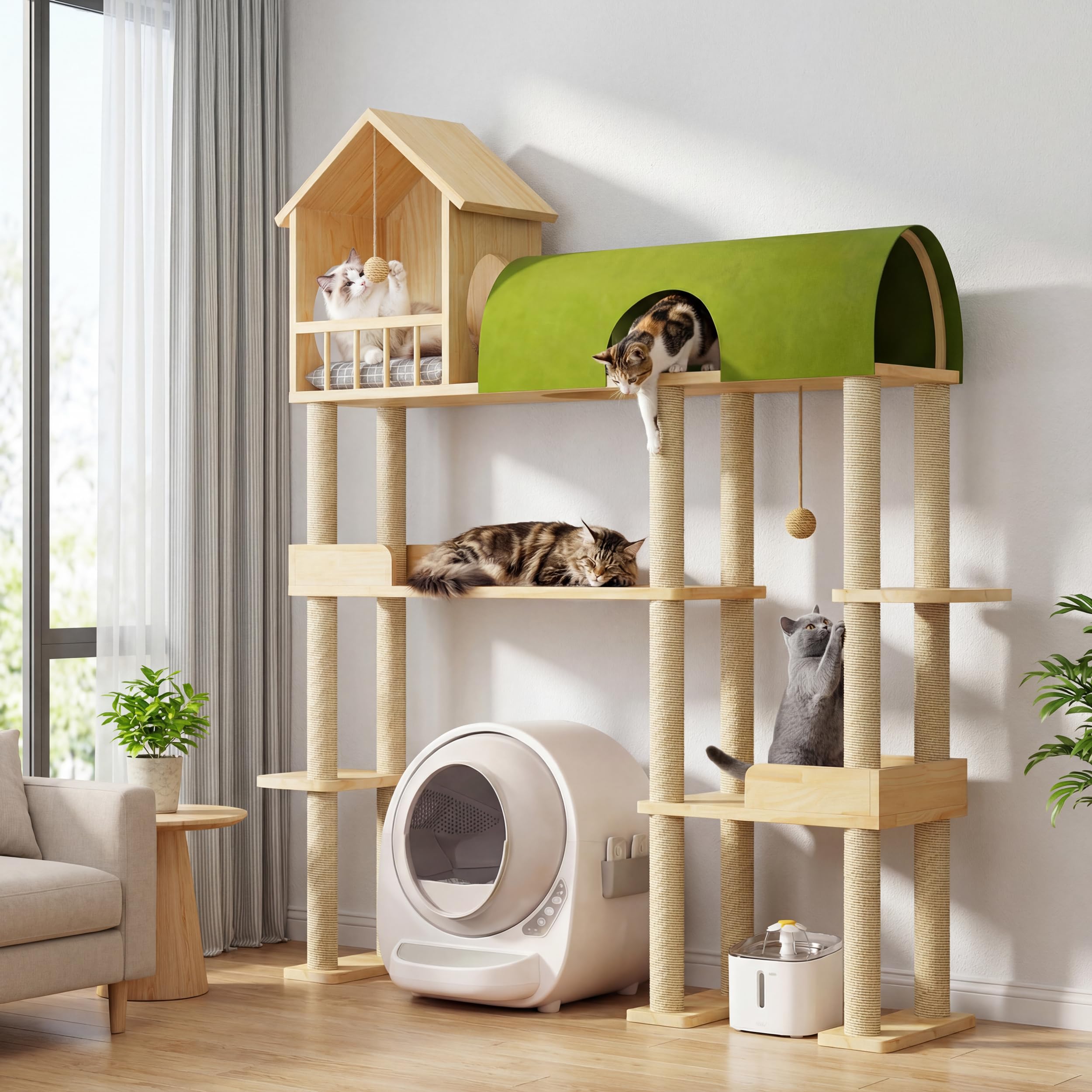 Homiflex Cat Tree for Automatic Litter Box, 60Inch Large Cat Tower for Heavy Cats up to 22lbs, Solid Wood Cat Shelf with Condo, 