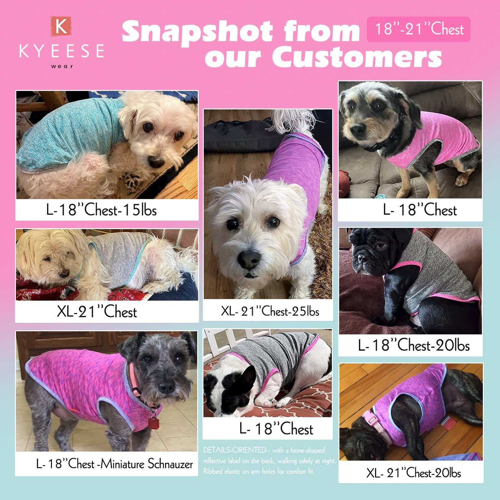 Kyeese 2 Pack Dog Shirts Quick Dry Soft Stretchy Sun Protection Dog T-Shirts With Reflective Label Tank Top Sleeveless Vest Dog Clothes For Small Medium Dogs, X-Large, Grey+Blue