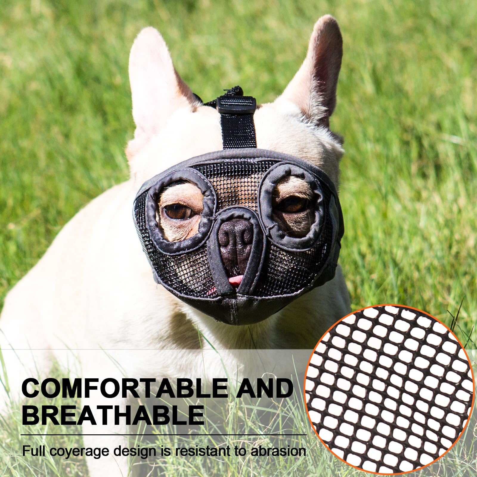 Short Snout Dog Muzzles- Bulldog Muzzle Breathable Mesh Dog Mask For Biting Chewing Training Licking Grooming (Black, L(Head 15.