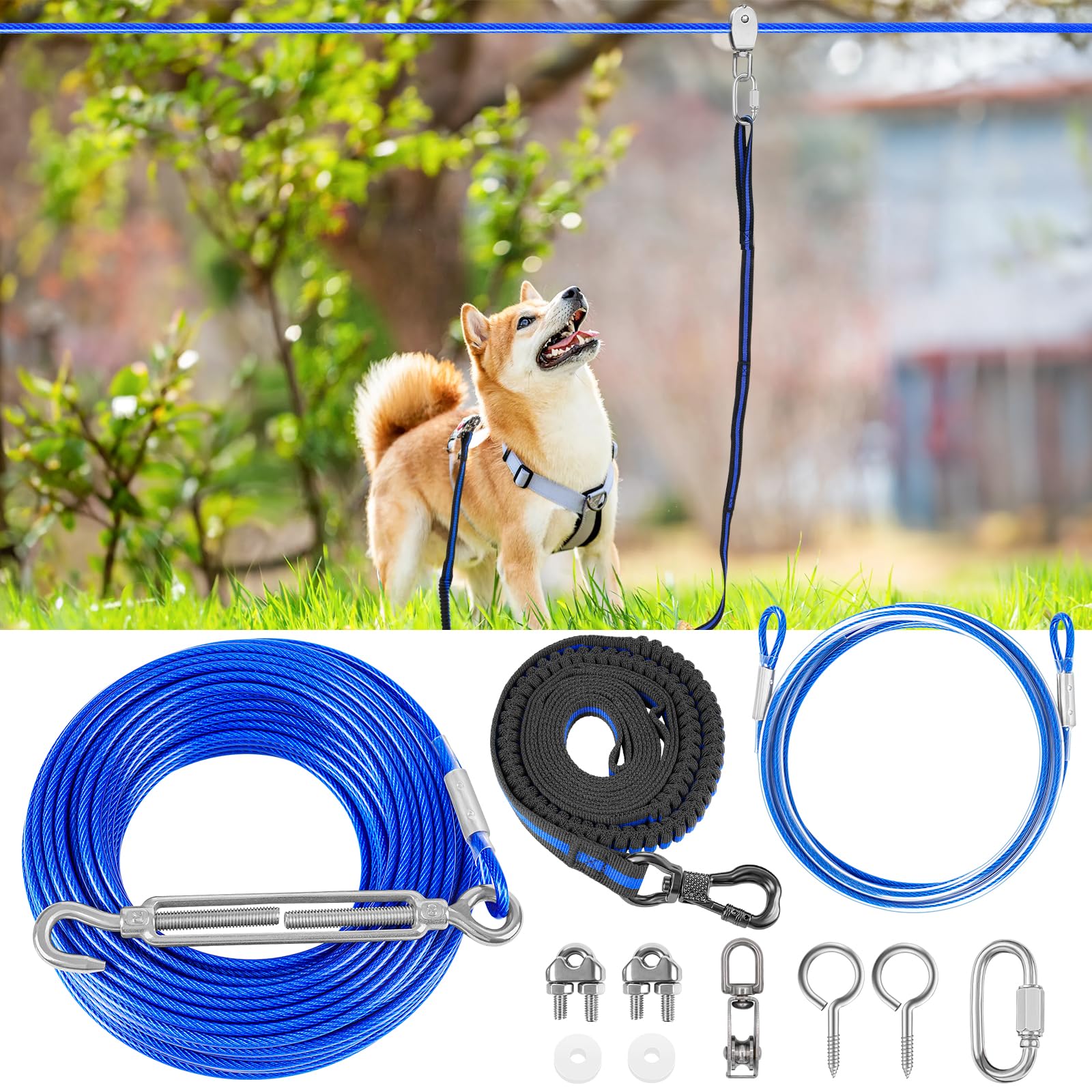 XiaZ Dog Tie Out Cable, 50ft Dog Trolley Runner Cable for Dogs up to 250lbs, Dog Lead for Yard, Camping, Outdoor, with 8 Ft Nylo