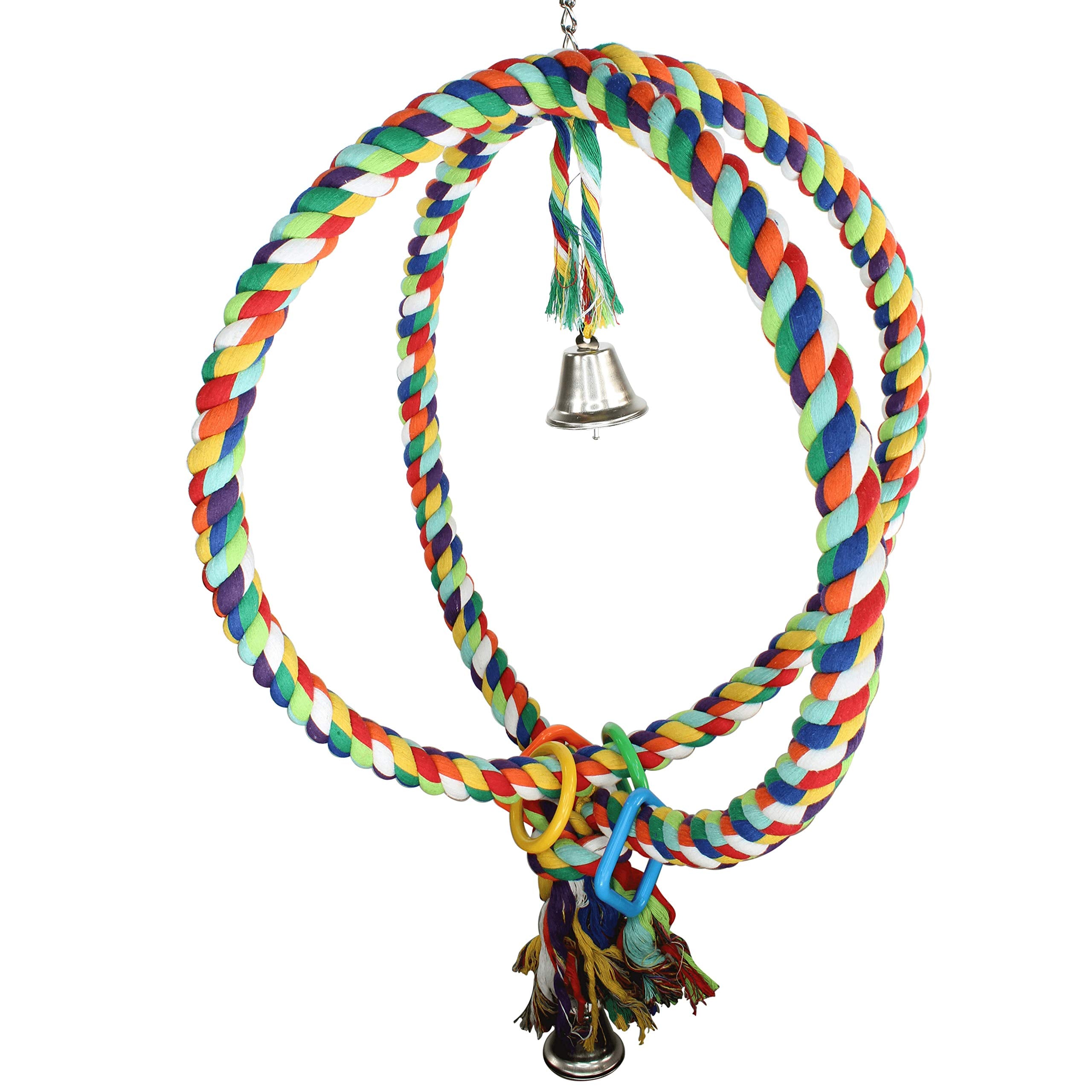 Bonka Bird Toys 1411 Huge Globe Rope Swing, 32' Hanging Bird Perch With Colorful Cotton Rope, Bells, And Plastic Shapes, Large Preening And Climbing Toy, Safe For Macaws, Cockatoos, And Large Parrots
