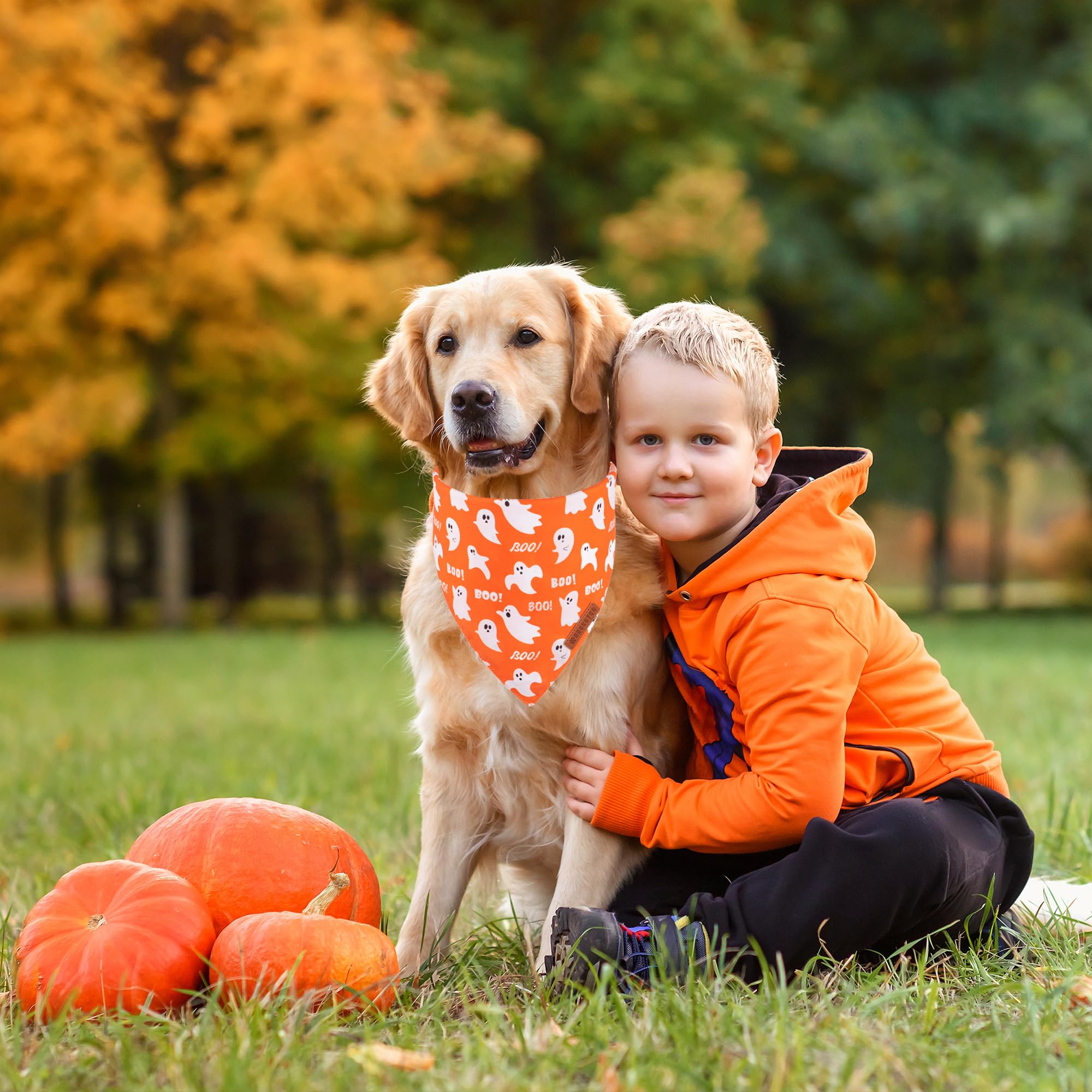 Adoggygo Halloween Dog Bandana, Spider Web Ghost Design Dog Scarf, Premium Durable Fabric, Orange Dog Halloween Bandanas For Large And Extra Large Dogs Pets (X-Large, Halloween)