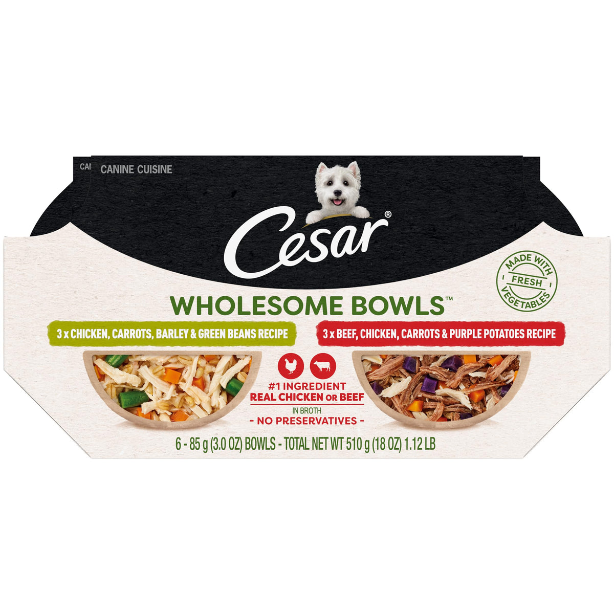 Cesar Wholesome Bowls Adult Soft Wet Dog Food, Chicken, Carrots, Barley & Green Beans Recipe And Beef, Chicken, Purple Potatoes & Carrots Recipe Variety Pack, 3Oz., Pack Of 6
