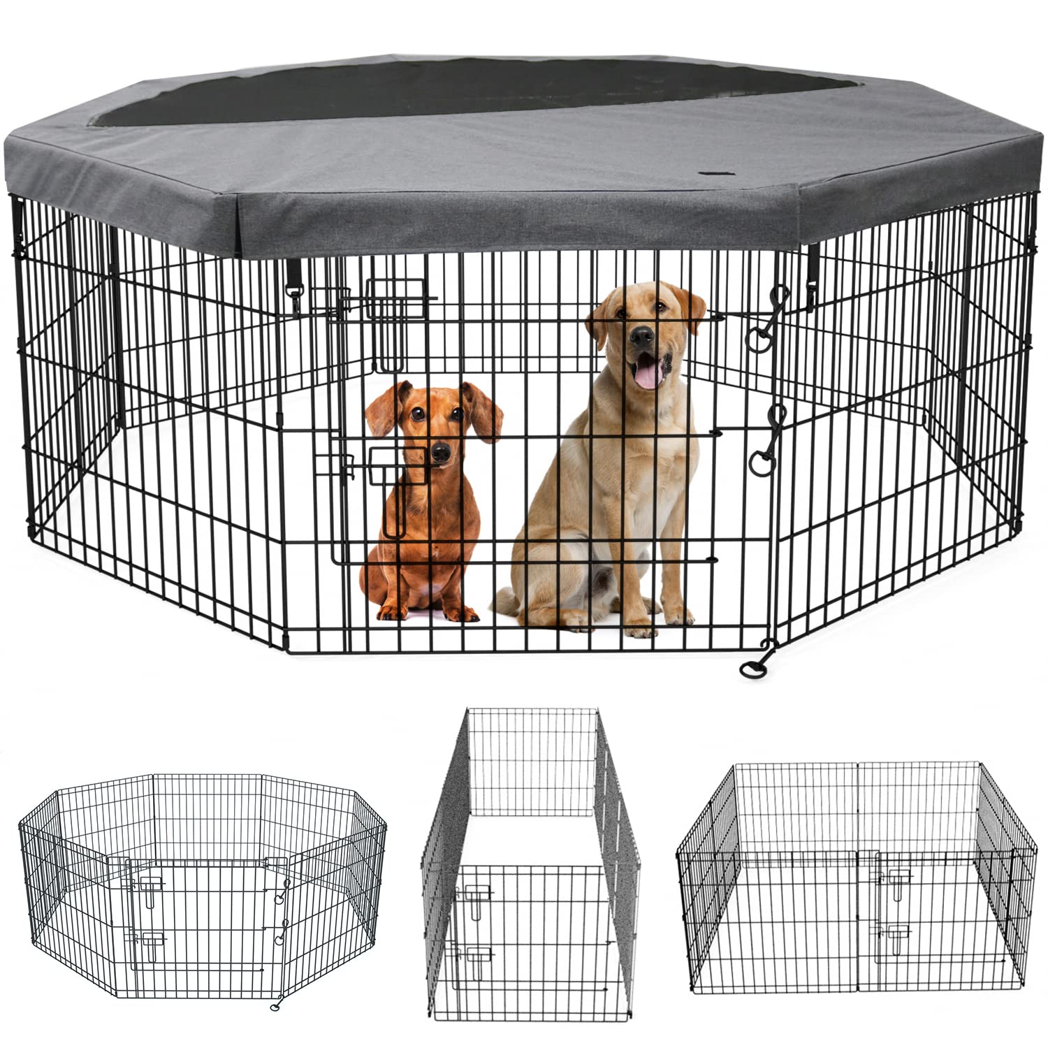 Petime Foldable Metal Dog Exercise Pen/Pet Puppy Playpen Kennels Yard Fence Indoor/Outdoor 8 Panel 24' W X 36' H With Top Cove