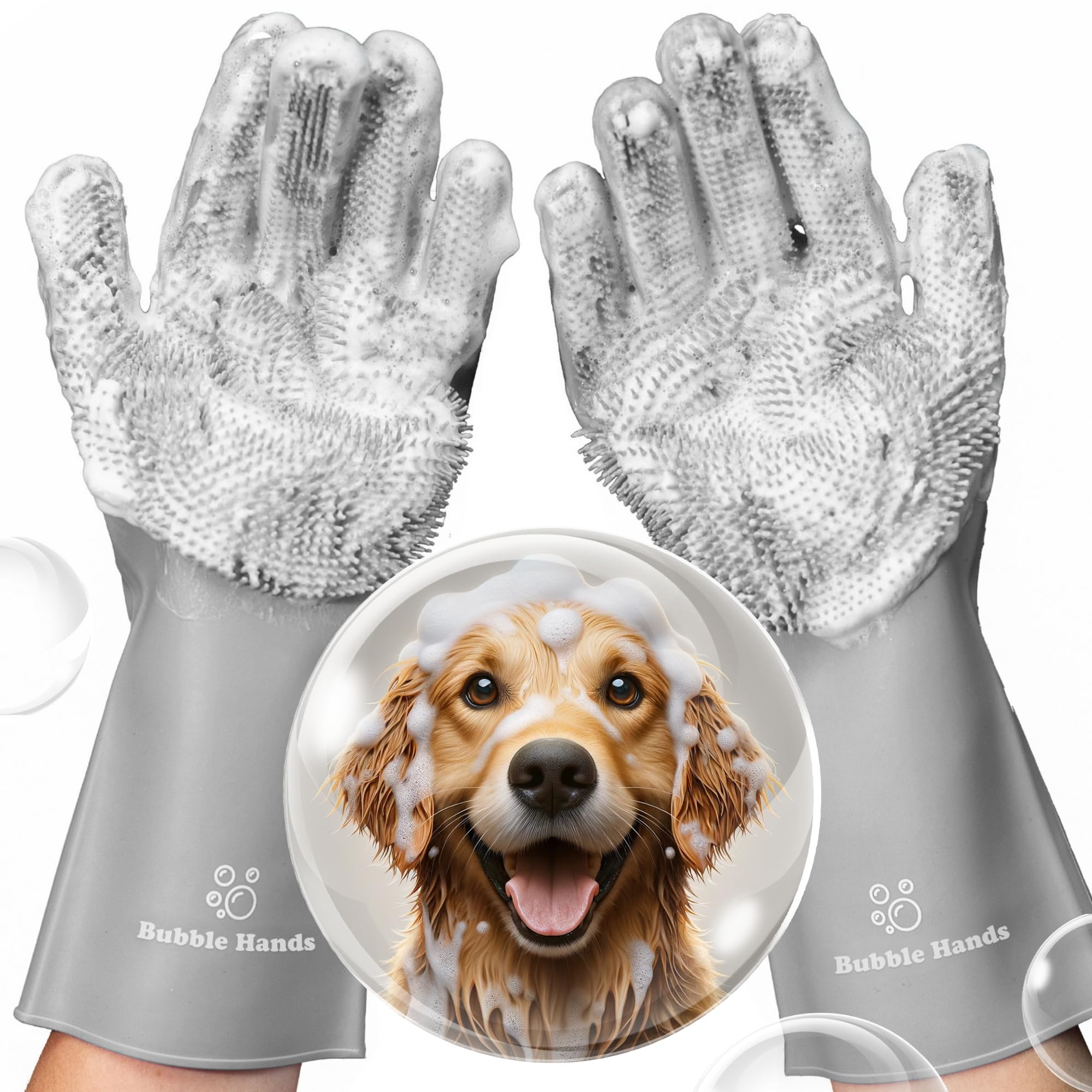 Bubble Hands Dog Washing Gloves With Bristle Scrubbers, Reusable Silicone Gloves Ideal For Pet Bathing, Massaging & Grooming (Gr