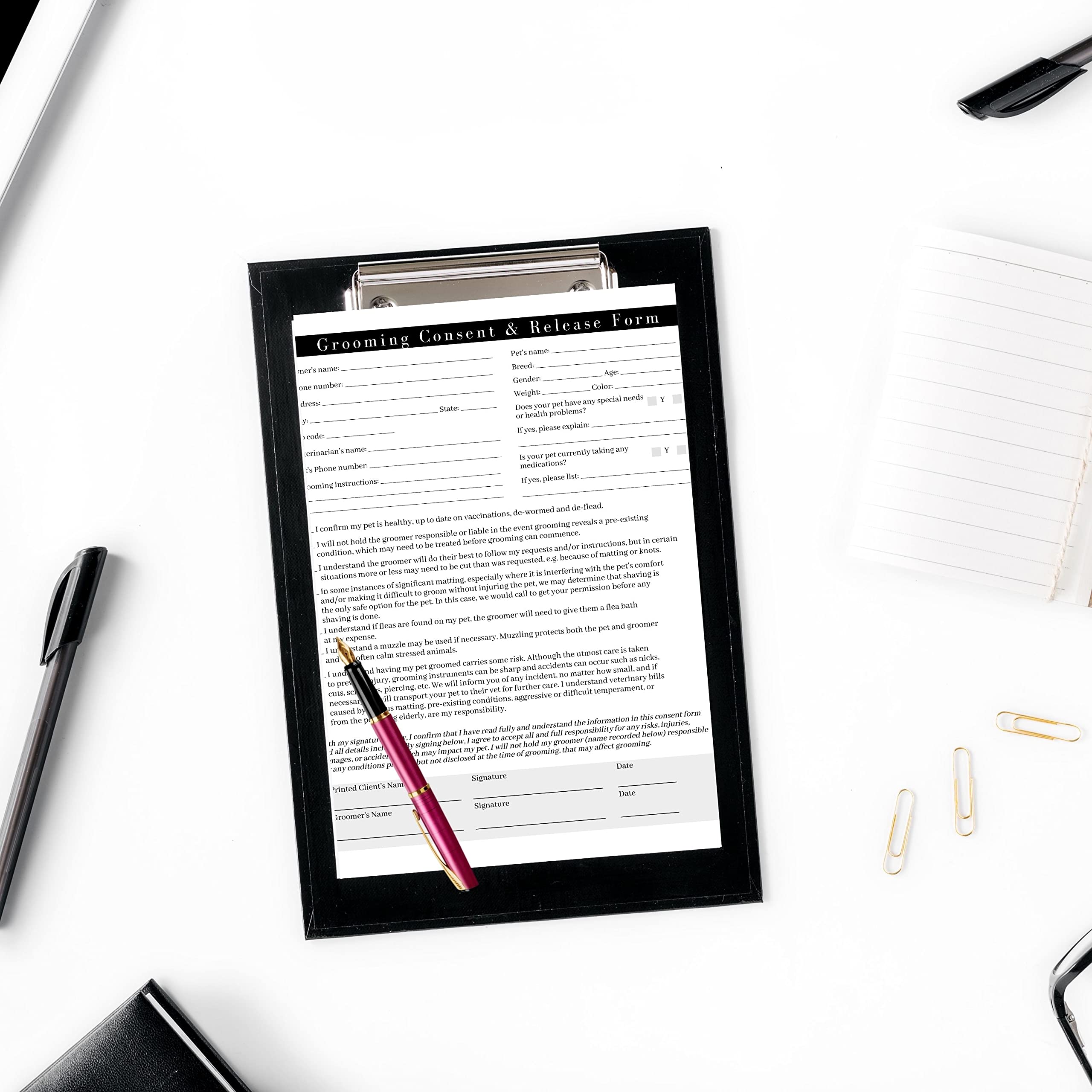 Boutique Marketing Pet Grooming Intake, Consent & Release Form | 50 Pack 8.5X11Incheses Standard Paper Size Supplies Matches Groomer Loyalty Appointment Reminder White Black Design