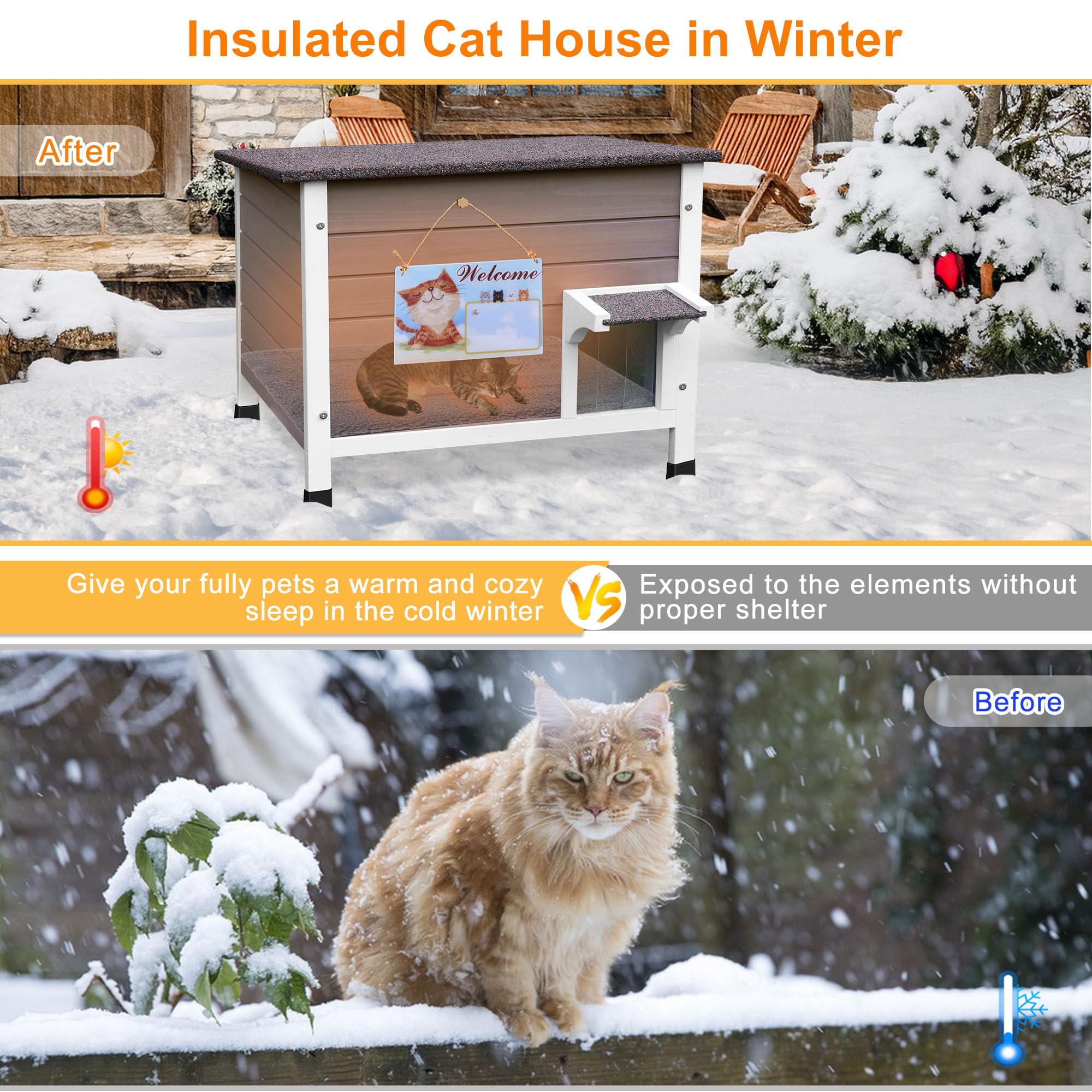 Deblue Ourdoor Cat House, 100% Insulated Cat Houses For Outdoor Cats, Weatherproof Feral Cat House With All-Round Foam, Wooden C