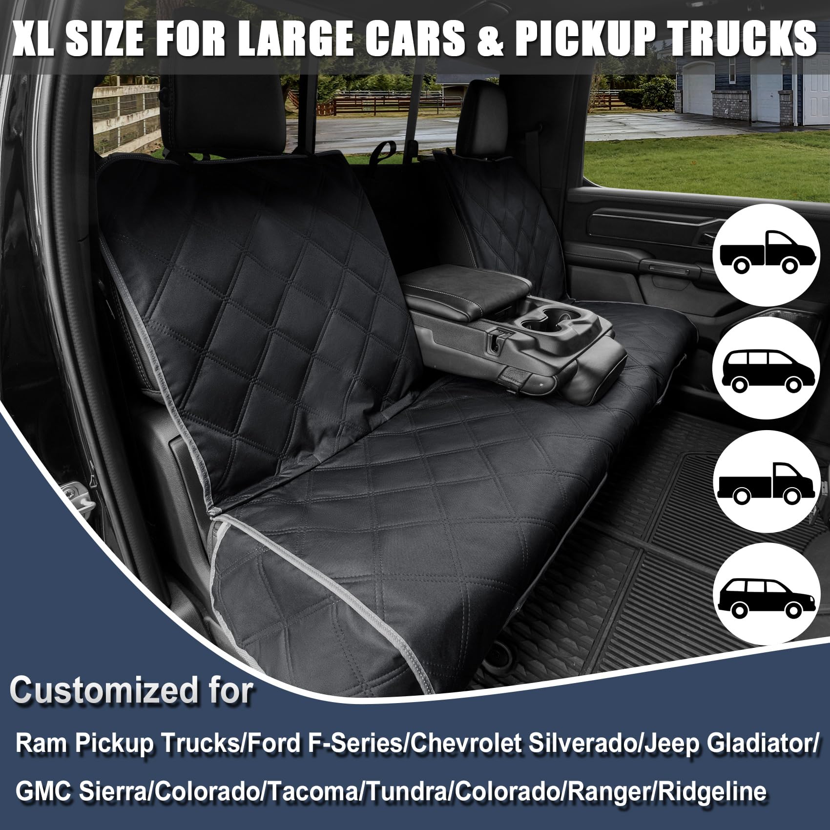 Zq Trucks Dog Car Back Seat Cover For Ram1500/F150/Gmc Sierra/Tacoma/Chevrolet Silverado, Access For Middle Seatbelt, Waterproof