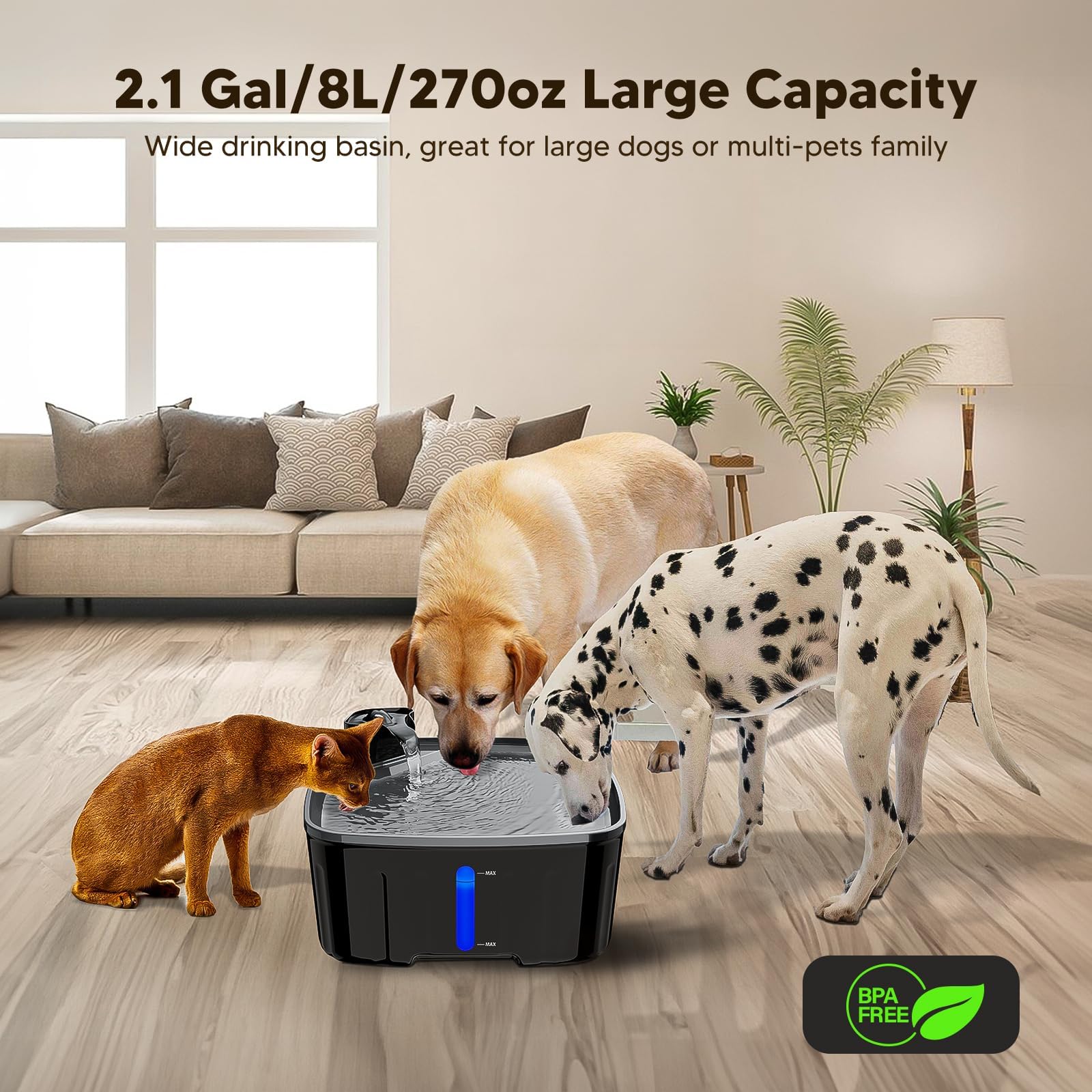 Dog Water Fountain For Large Dogs, 2.1Gal/8L/270Oz Large Dog Water Fountain Bowl For Dog Inside,Dog Fountain With Water Level Wi