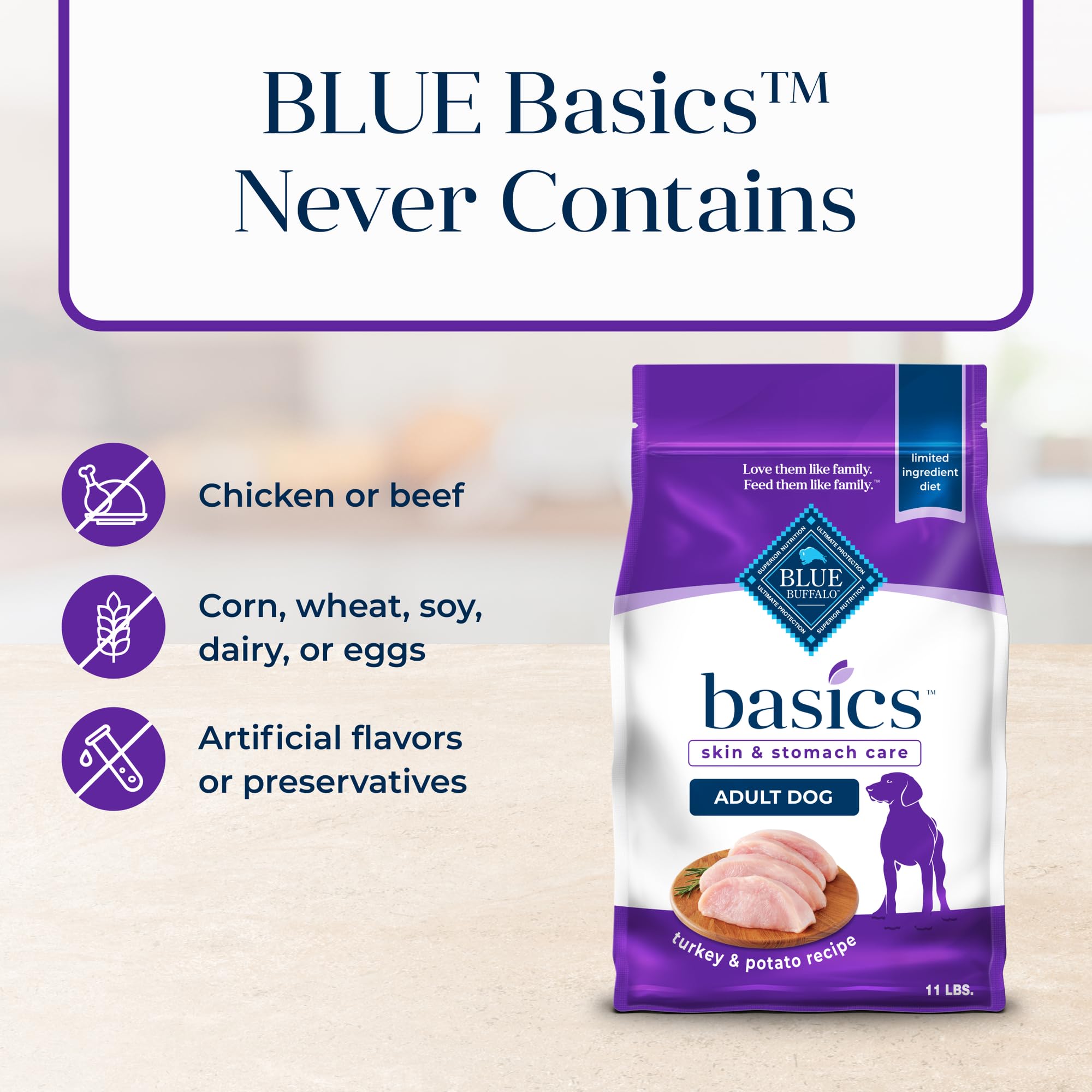 Blue Buffalo Basics Adult Dry Dog Food, Skin & Stomach Care, Limited Ingredient Diet for Dogs, Turkey Recipe, 11-lb. Bag