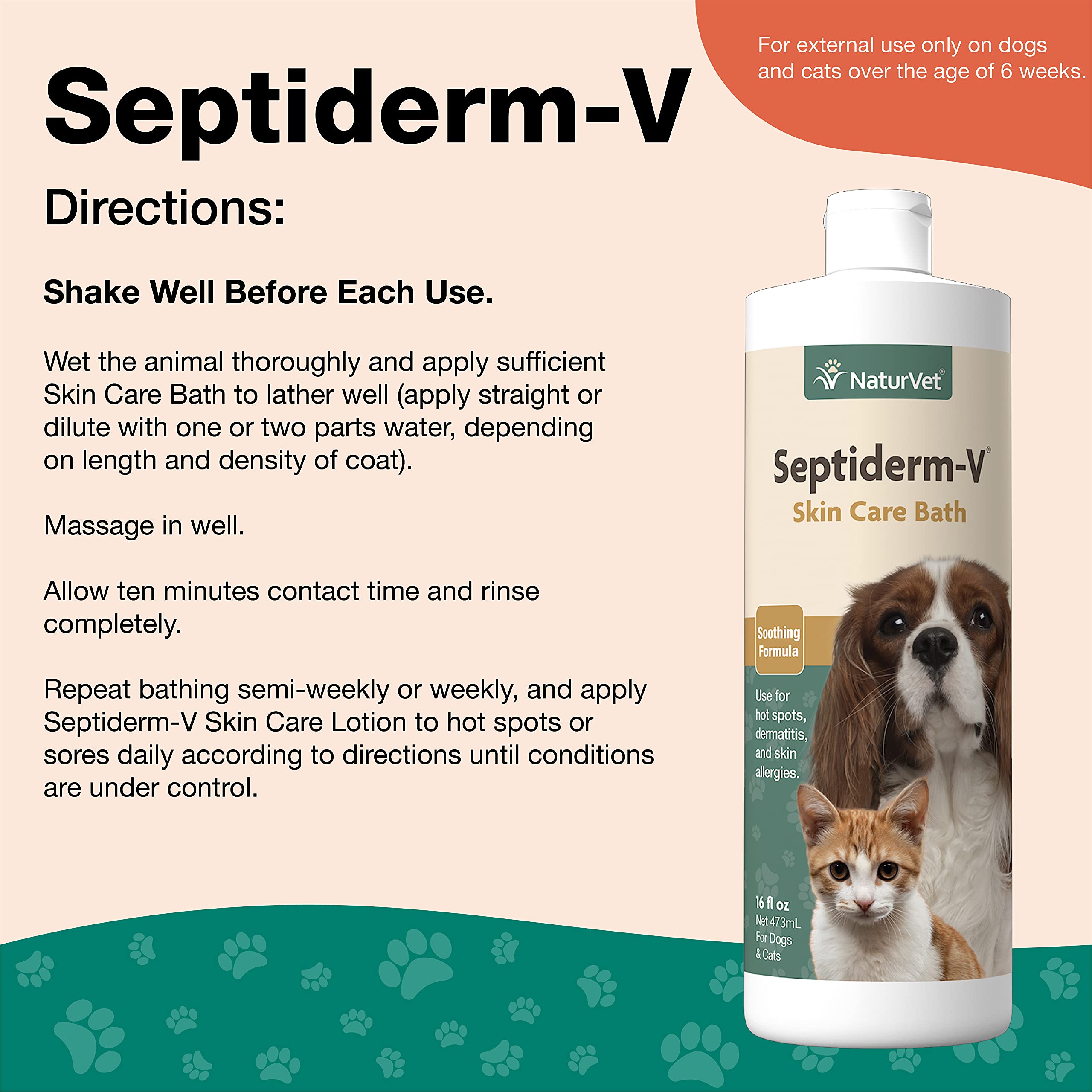 Naturvet Septiderm-V Skin Care Bath Wash For Dogs & Cats – Pet Health, Dog Skin, Itching, Hot Spots – Pet Shampoo, Grooming Aid – 16 Oz.