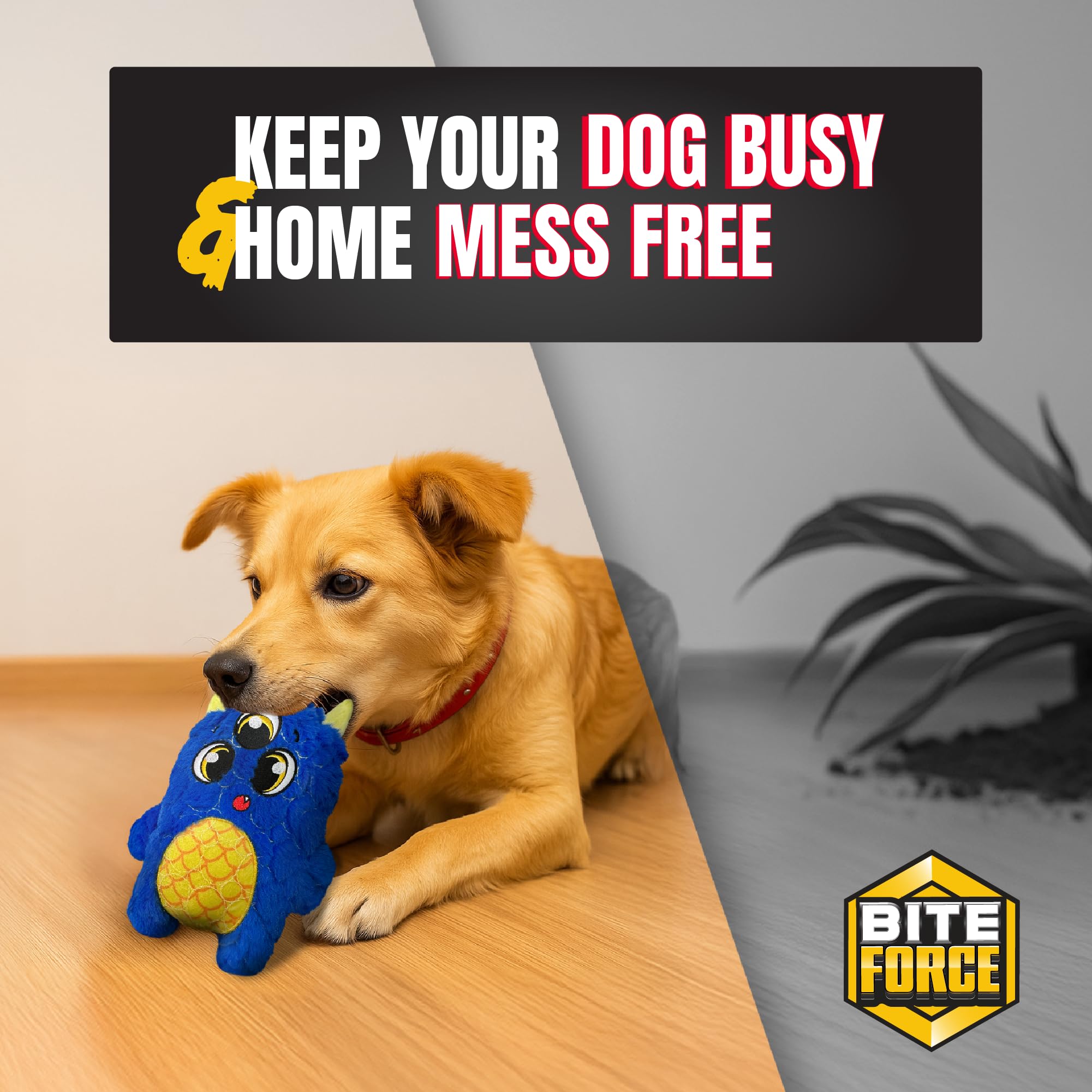 Bite Force - Durable & Strong Dog Toy Blue Furocious Frank Monster with Squeaker, Kevlar-Reinforced Seams for Aggressive chewers