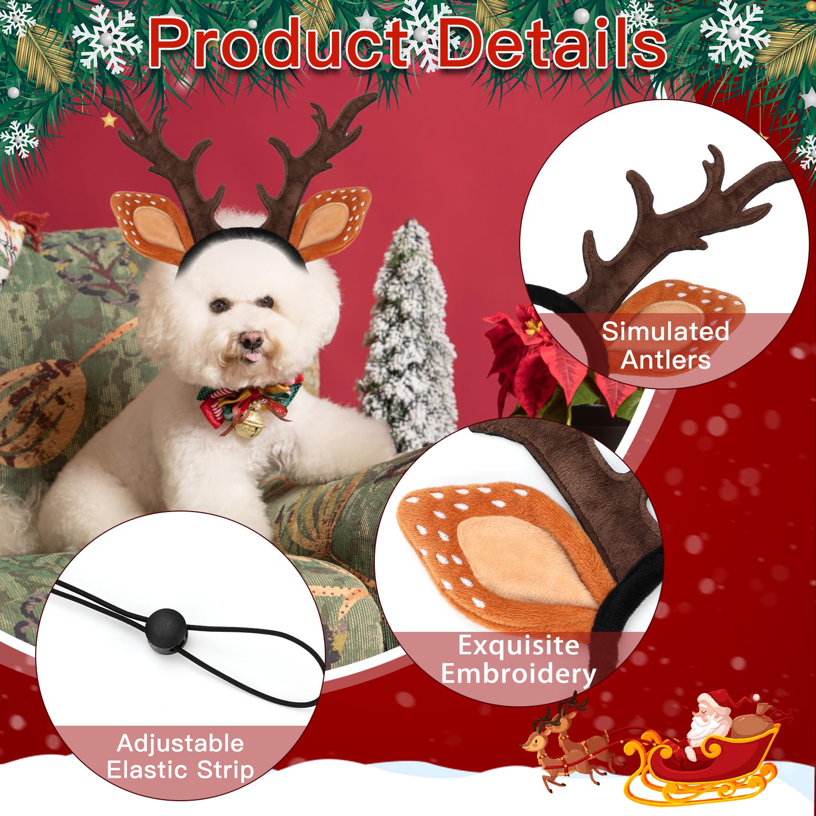 BWOGUE Dog Elk Reindeer Antler Headband with Santa Hat Pet Pet Christmas Costume Headwear Accessories for Dogs and Cats (Medium,
