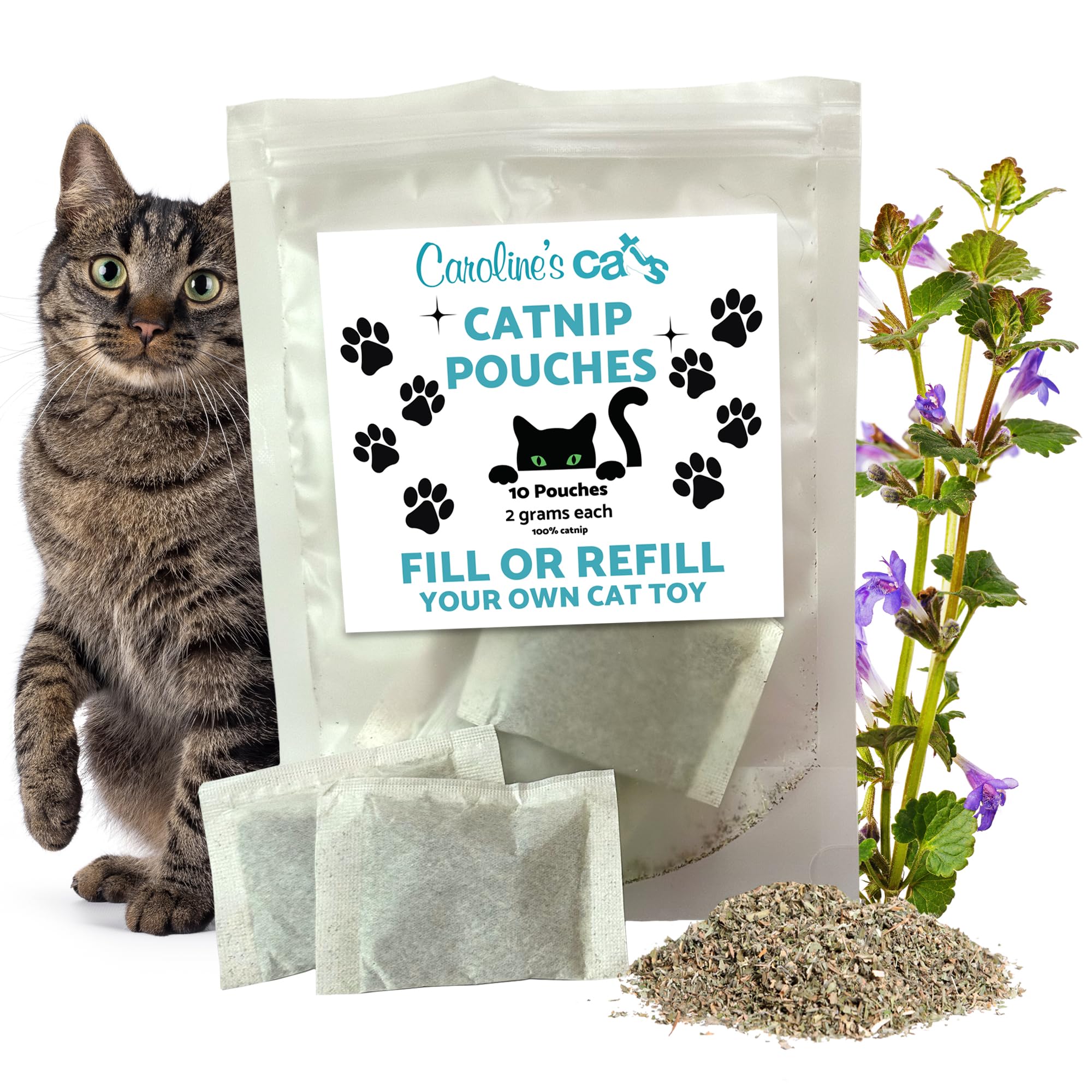 Organic Catnip Refill Packets for Cat Toys - 10 Potent Catnip Pouches for Flapping Bird, Flopping Fish & Interactive Toys - No-M