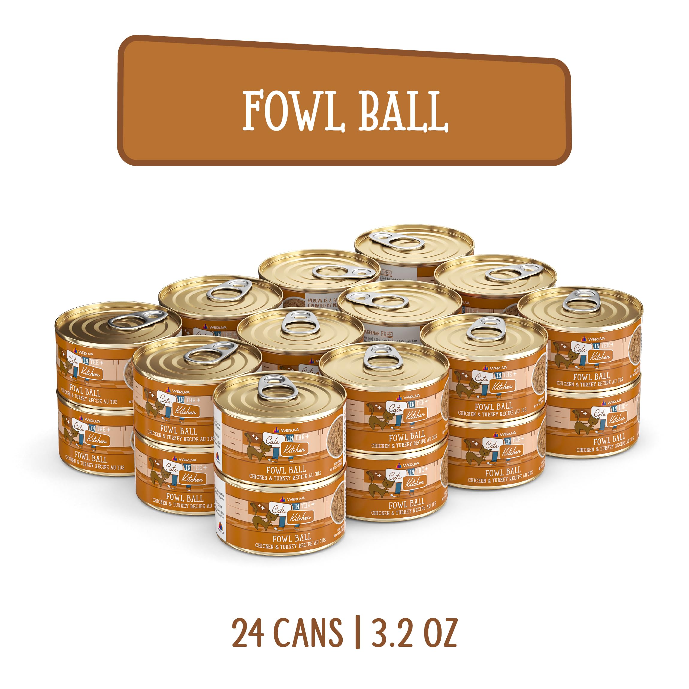 Weruva Cats in The Kitchen, Fowl Ball with Chicken & Turkey Au Jus Cat Food, 3.2oz Can (Pack of 24)