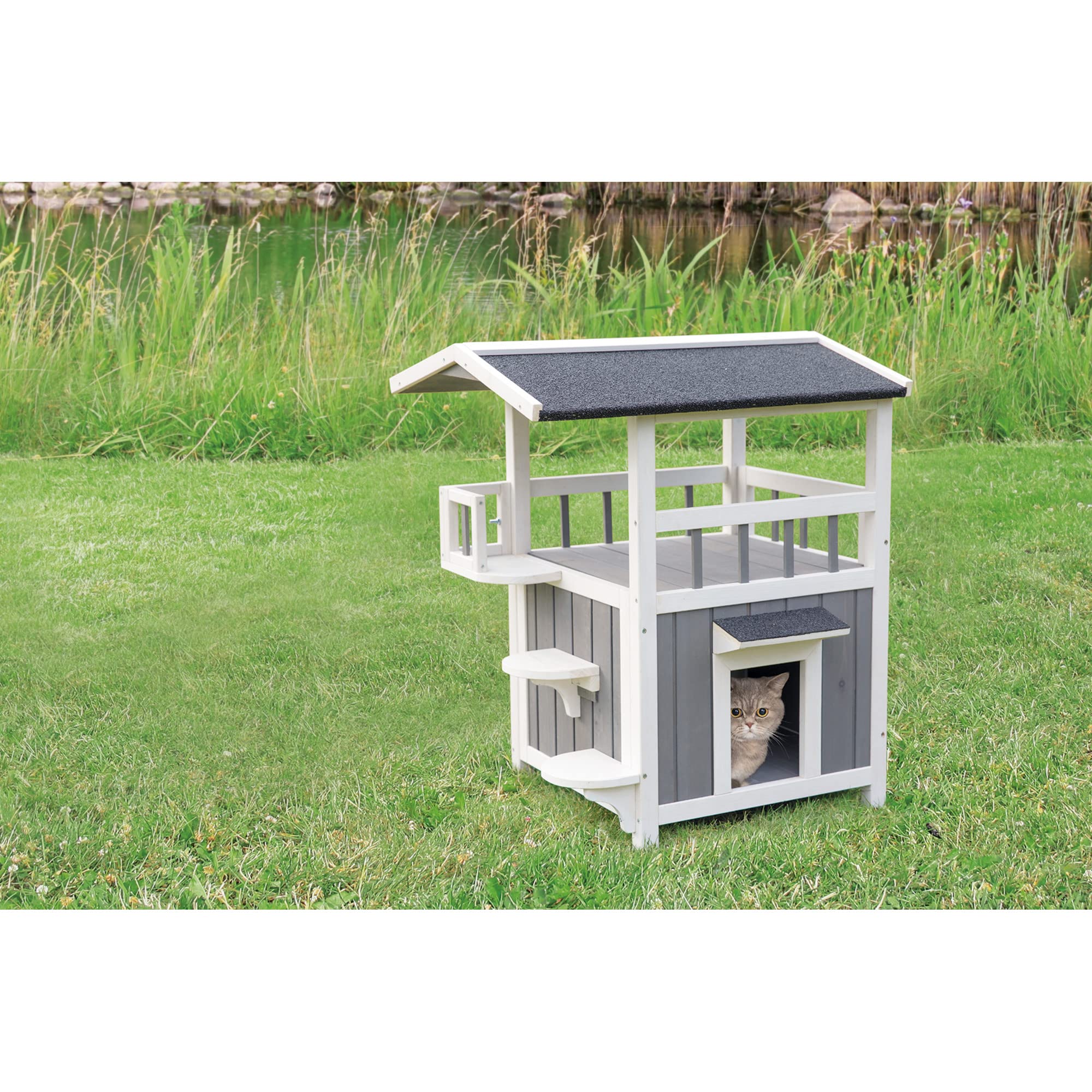 Trixie Outdoor Cat House, Weatherproof 2-Story Cat House With Balcony And Shade, Side Steps, Railings & Raised Floor, Outdoor Sh