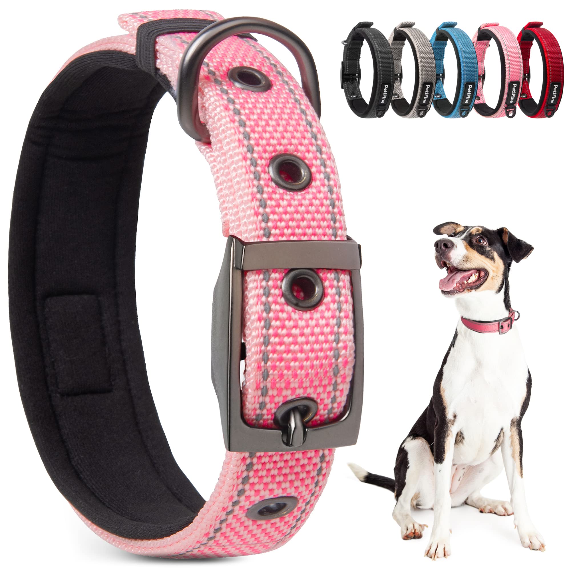 Petifine Neoprene Padded Dog Collar, Heavy Duty Comfort Dog Collar With Durable Metal Buckle, Reflective Adjustable Belt Buckle Dog Collars For Small Medium Large Dogs(14.5''-19'', Pink)